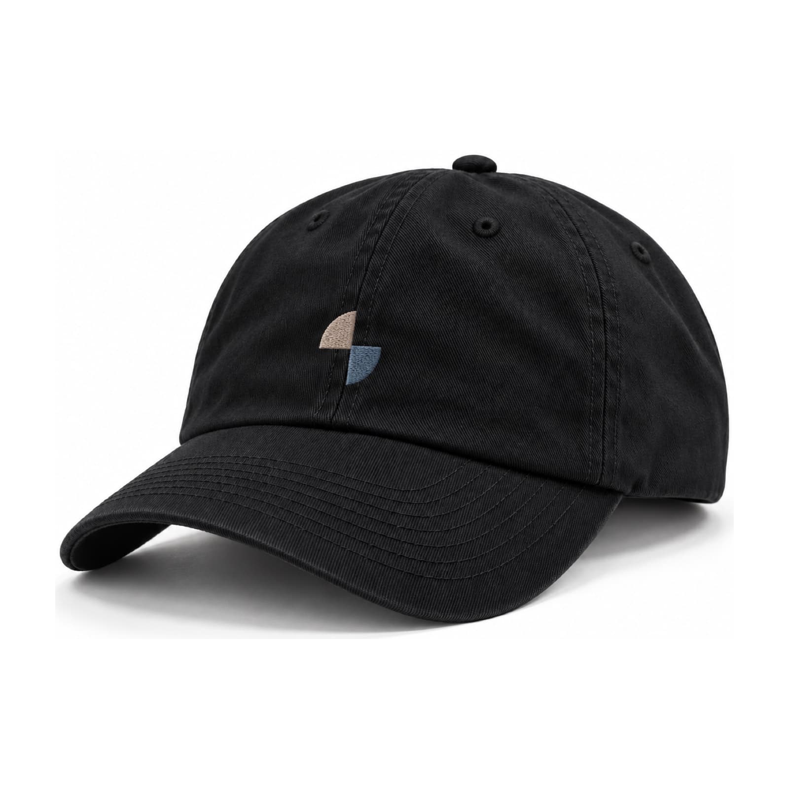 Custom Embroidered Dad Hats: Black dad hat with a small two tone sample logo embroidered on the front, on a white background