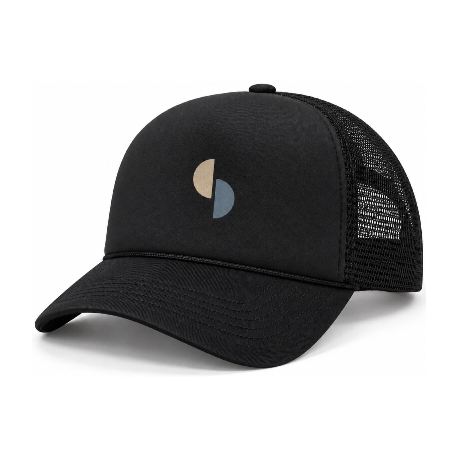 Custom Foam Trucker Hats: Black foam front trucker hat with black mesh back and a two tone sample logo, on a white background