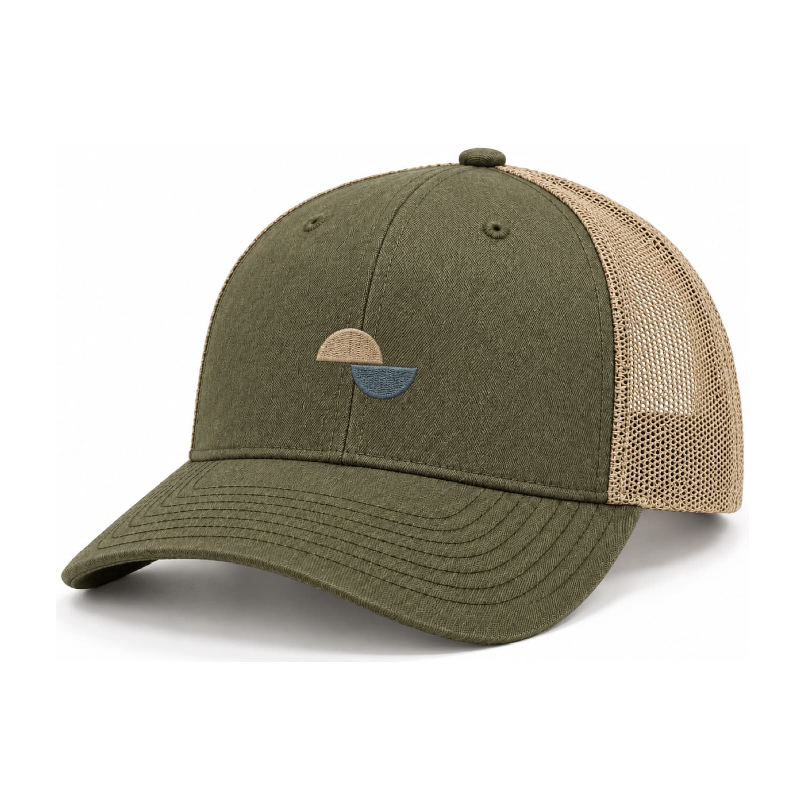 Custom Richardson Snapback Trucker Hats: Army olive green trucker hat with tan mesh back and a two tone sample logo, on a white background