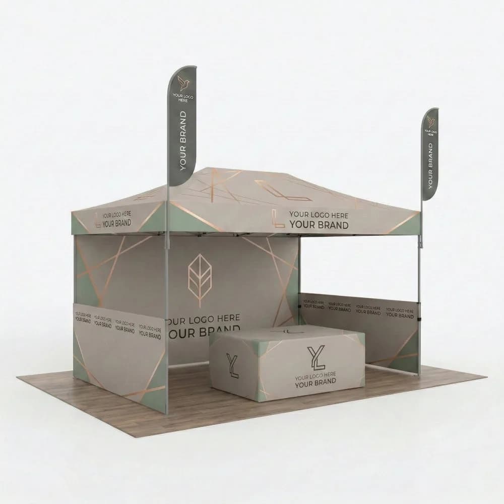 Custom printed 10x15 canopy tent with a back wall, half walls, two feather flags and a table cover, shown with placeholder artwork