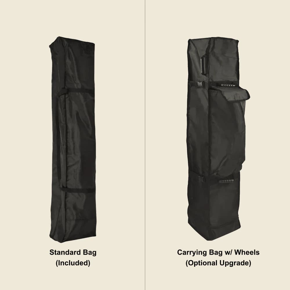 Custom Canopy Tent 10 x 15: Standard tent carry bag, included, and wheeled carry bag, an optional upgrade
