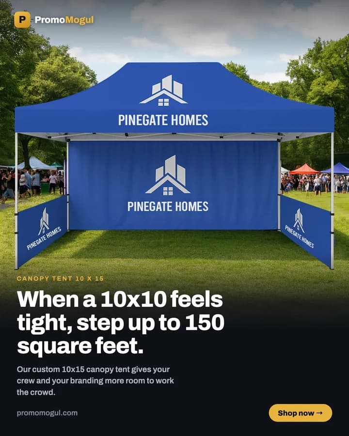 A printed 10 x 15 canopy tent with a full back wall and side walls