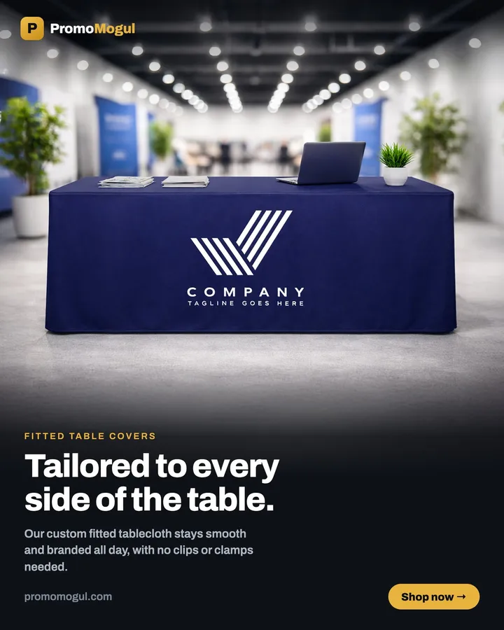A fitted table cover printed with a sample logo, tailored to every side of the table
