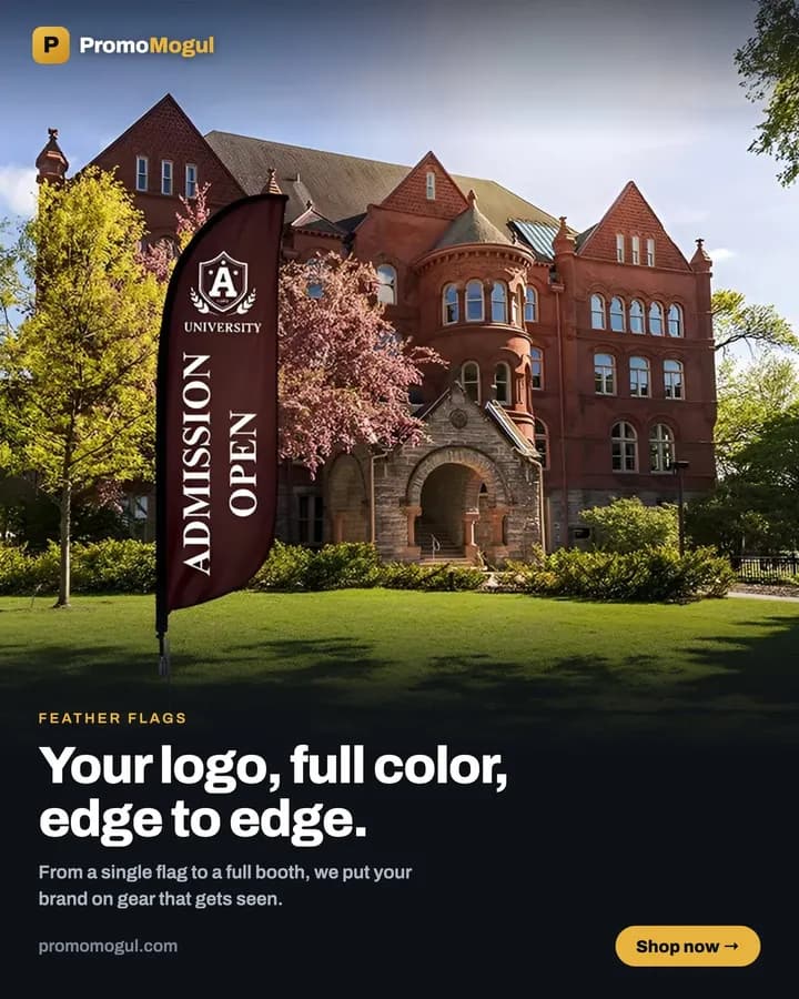 A full color printed feather flag outside a campus building