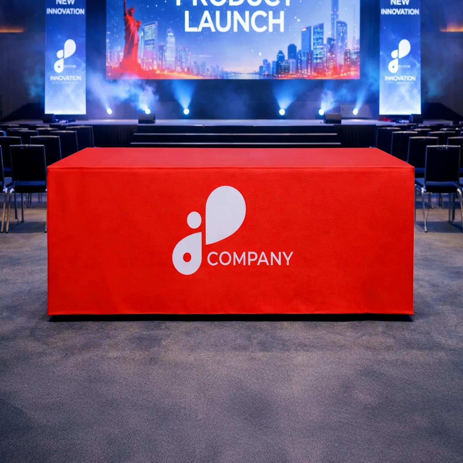 Red printed table cover on a table in front of a lit product launch stage with rows of chairs