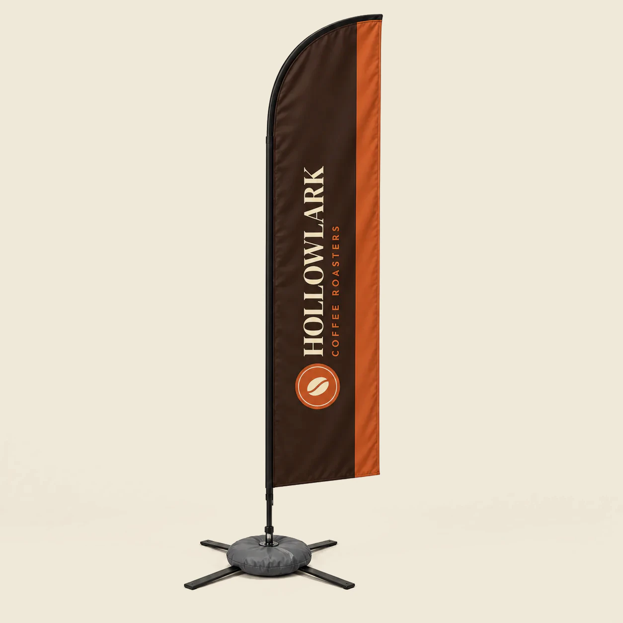 Booth Starter Kit, 10 x 10 Tent with Table Cover and Flag: Blade flag on the X base with water bag, printed with sample artwork for a fictional brand