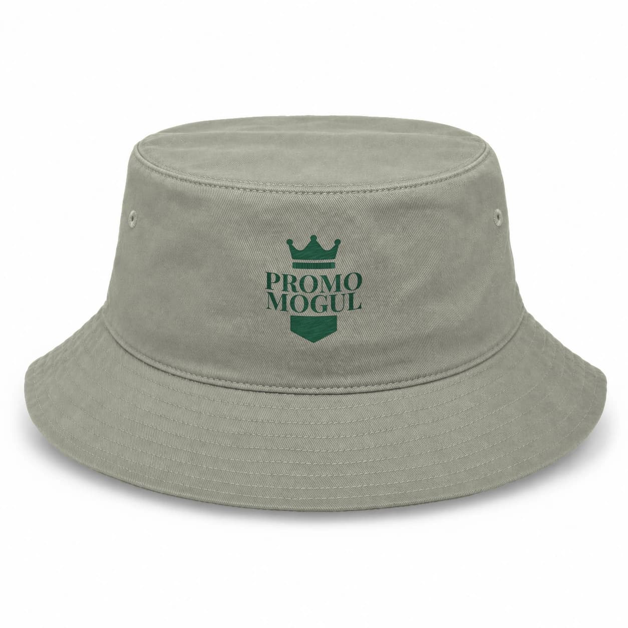 Custom Embroidered Bucket Hats: Grey cotton bucket hat with an embroidered PromoMogul sample logo on the front