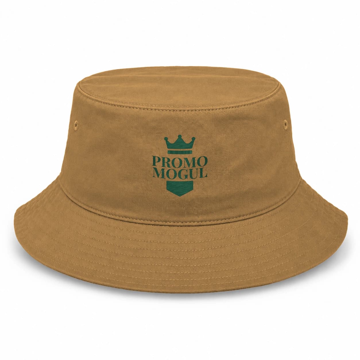 Khaki cotton bucket hat with an embroidered PromoMogul sample logo on the front