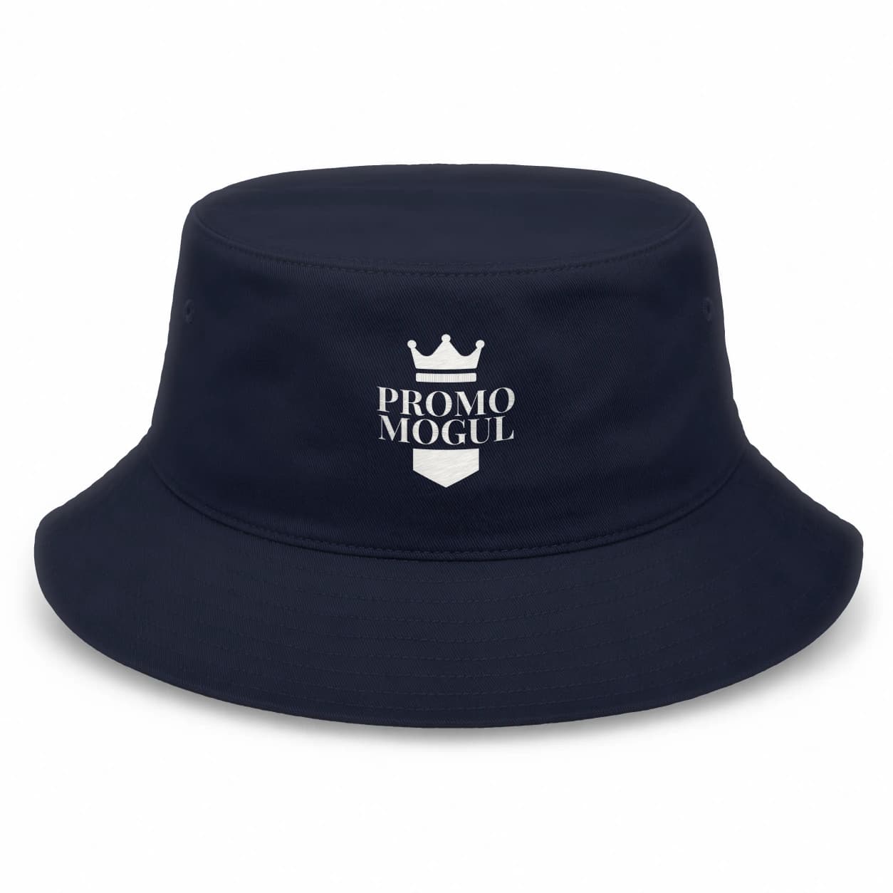 Custom Embroidered Bucket Hats: Navy Blue cotton bucket hat with an embroidered PromoMogul sample logo on the front