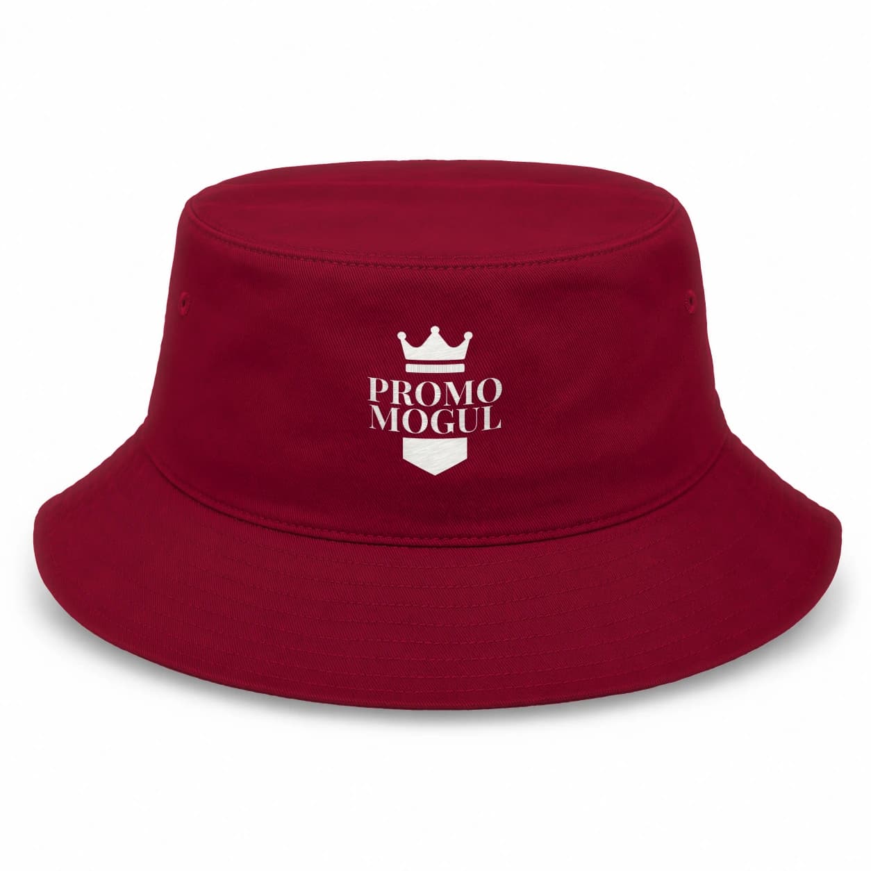 Custom Embroidered Bucket Hats: Red cotton bucket hat with an embroidered PromoMogul sample logo on the front