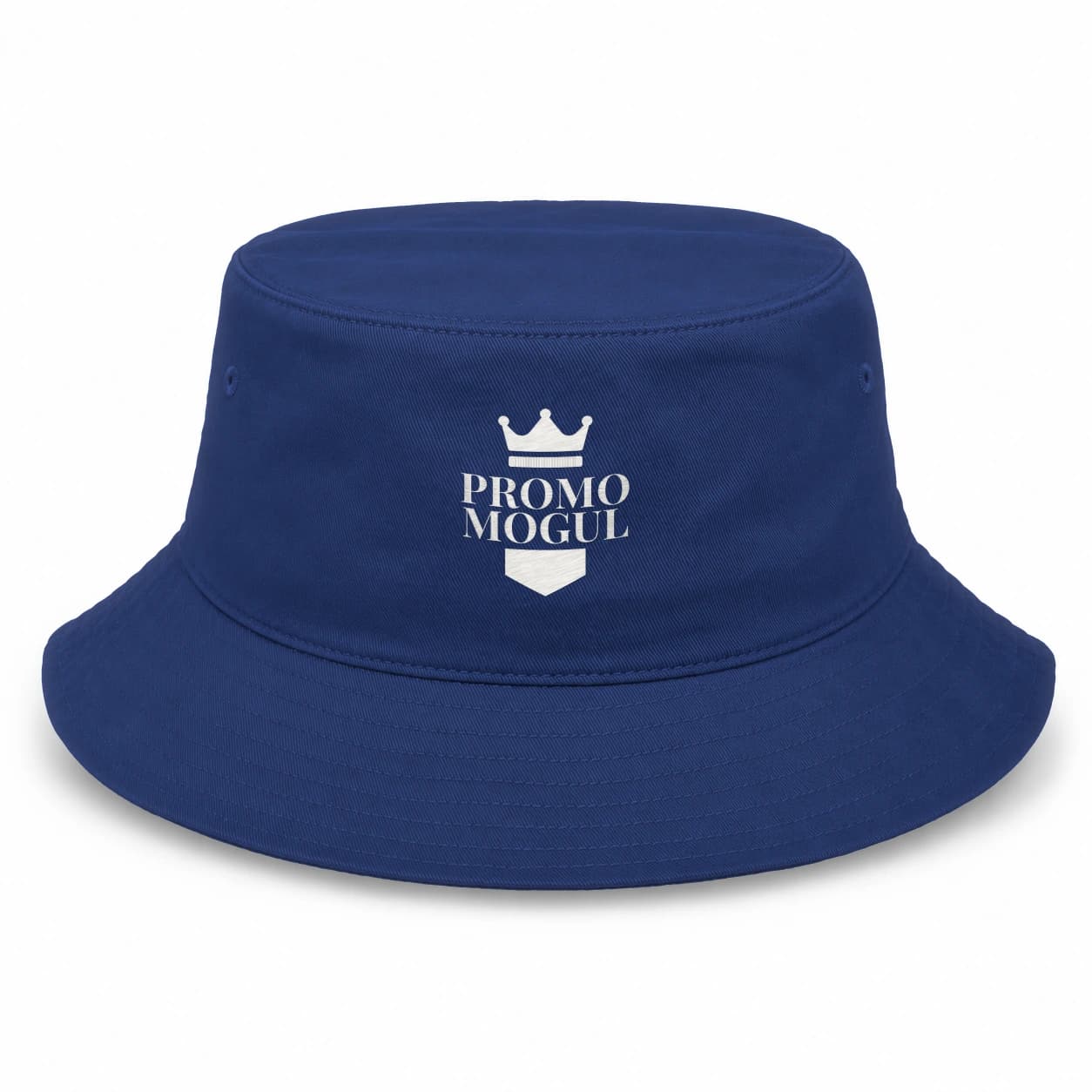 Custom Embroidered Bucket Hats: Royal Blue cotton bucket hat with an embroidered PromoMogul sample logo on the front