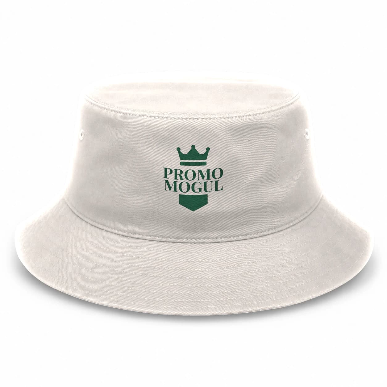 Custom Embroidered Bucket Hats: Stone cotton bucket hat with an embroidered PromoMogul sample logo on the front