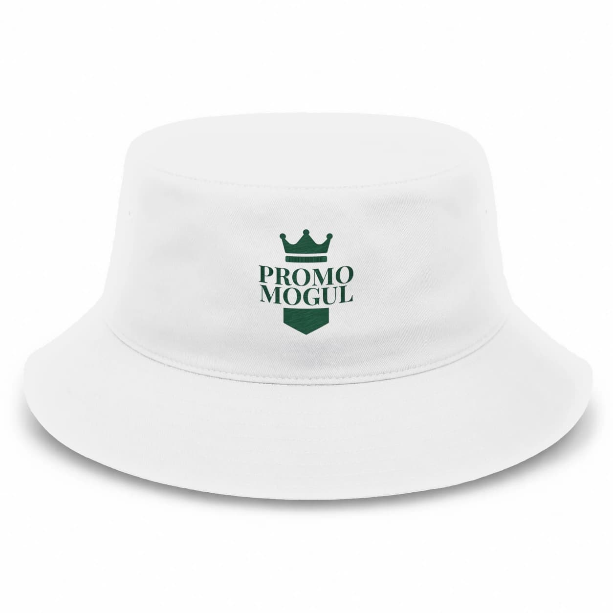 Custom Embroidered Bucket Hats: White cotton bucket hat with an embroidered PromoMogul sample logo on the front
