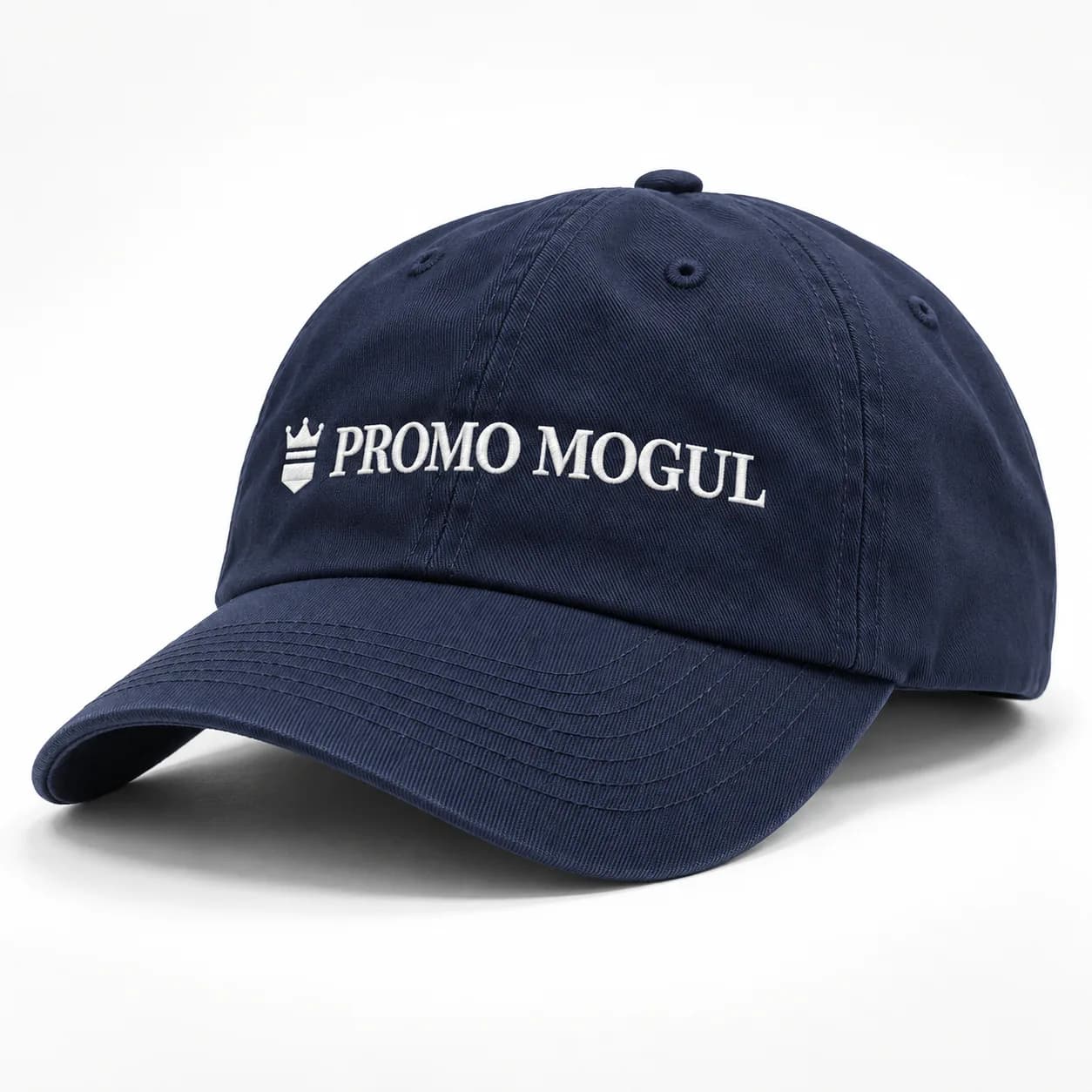Navy blue dad hat with the PromoMogul logo embroidered on the front