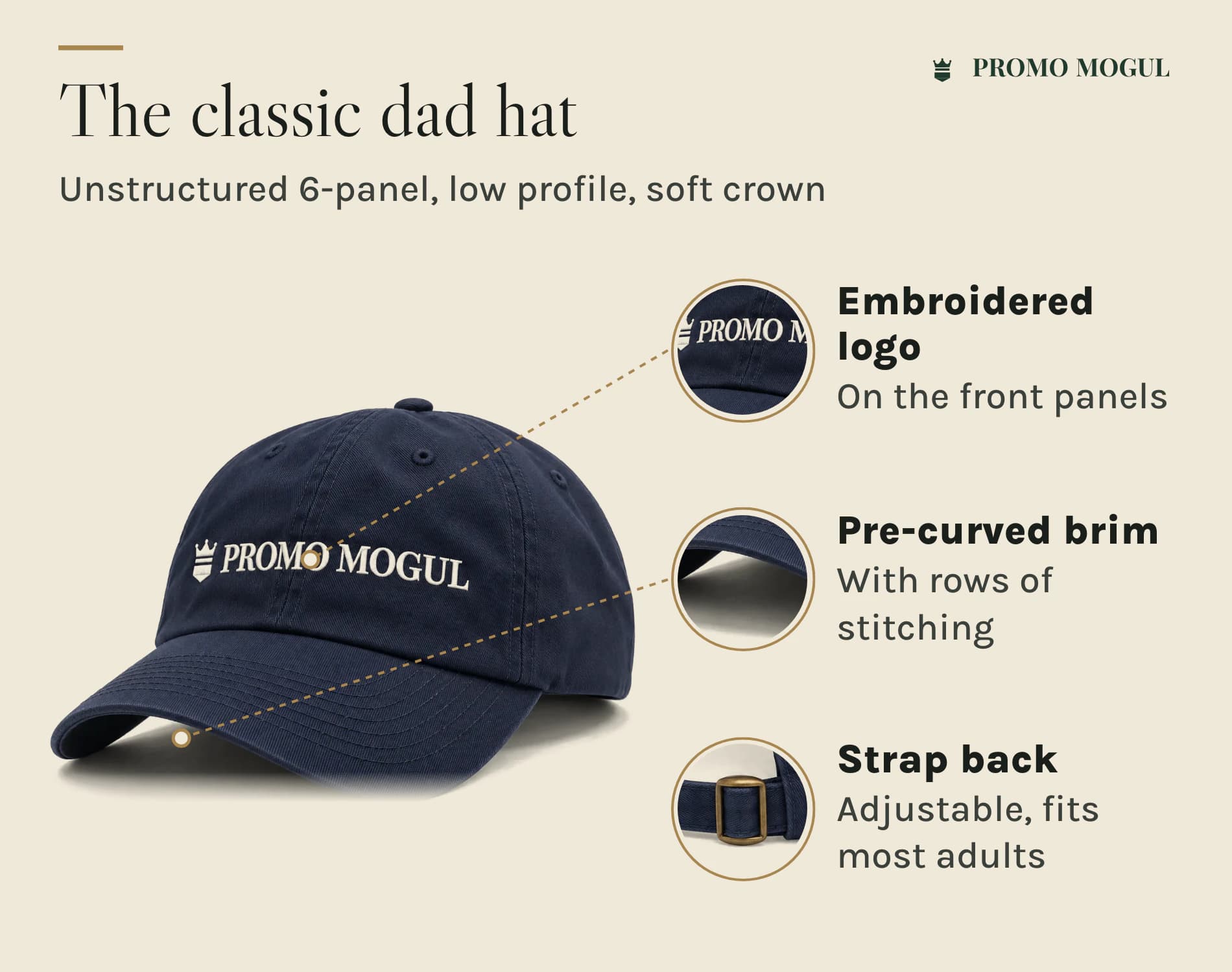 Custom Embroidered Dad Hats: Dad hat features: embroidered logo on the front panels, pre-curved stitched brim, adjustable strap back
