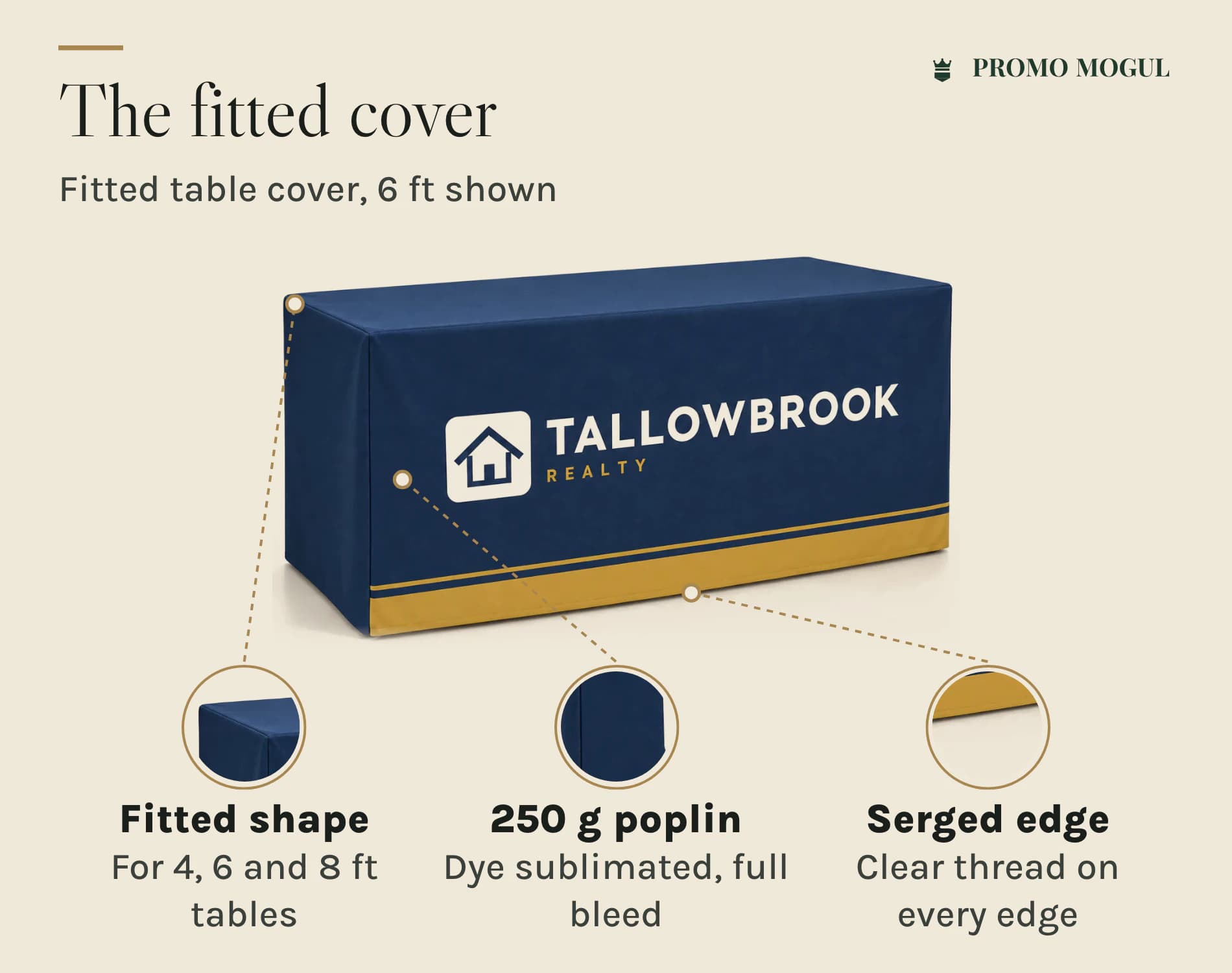 Fitted Table Covers: Fitted table cover features: 250 g polyester poplin, fitted shape for 4, 6 and 8 ft tables, serged edge with clear thread