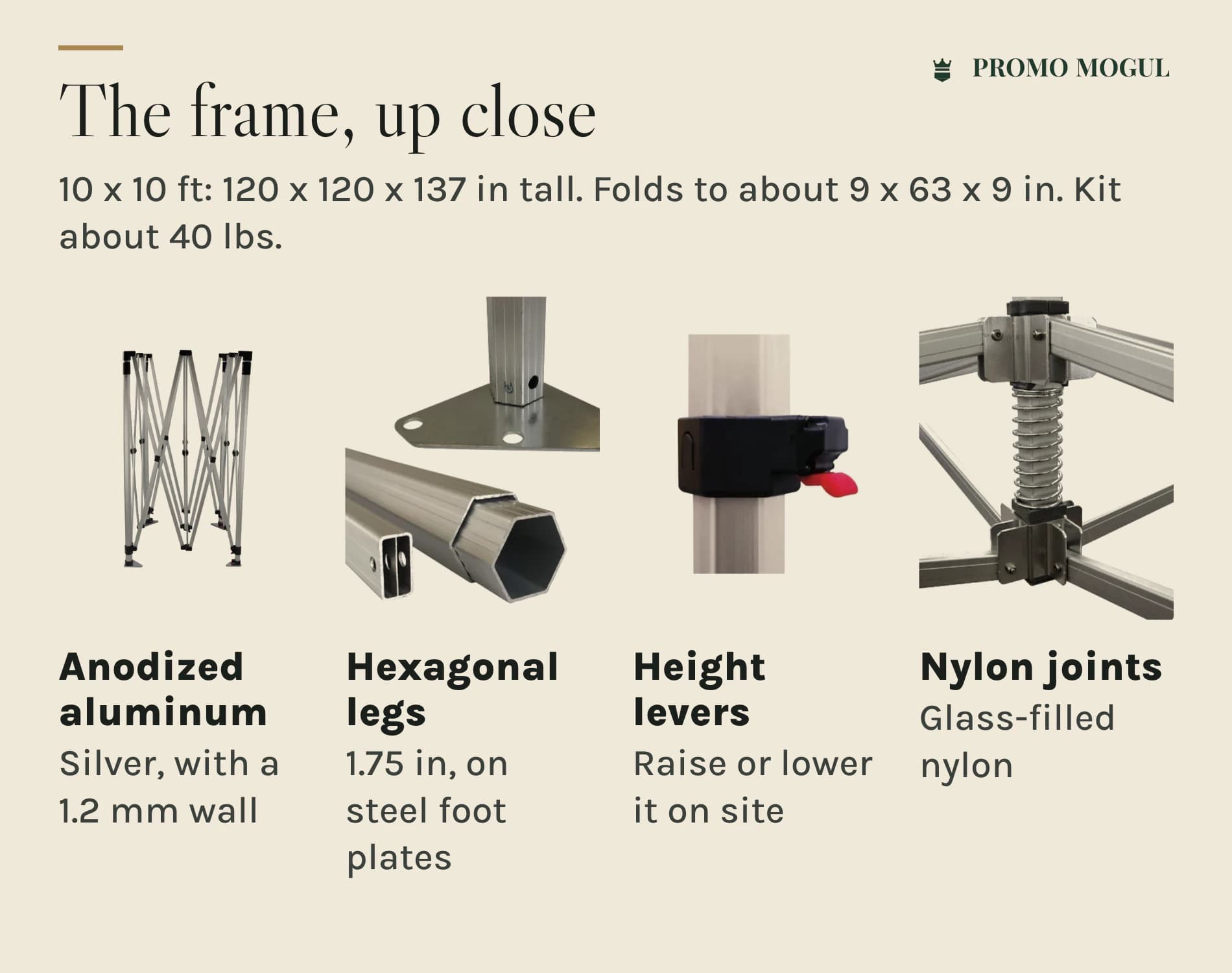 Booth Starter Kit, 10 x 10 Tent with Table Cover and Flag: The 10 x 10 tent frame up close: anodized aluminum, 1.75 in hexagonal legs on steel foot plates, height levers, glass-filled nylon joints
