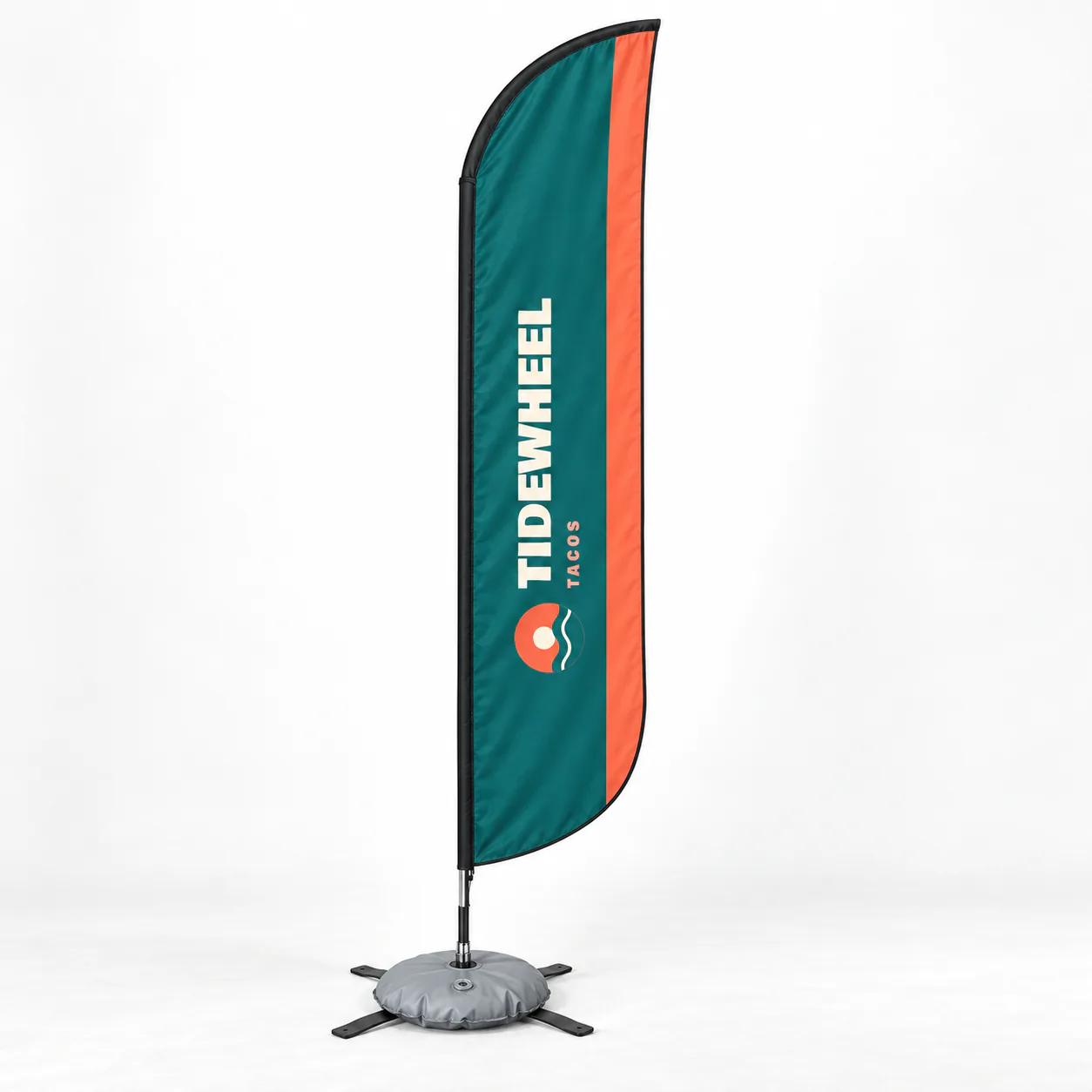 Printed feather flag on an optional X base with water bag, sample design