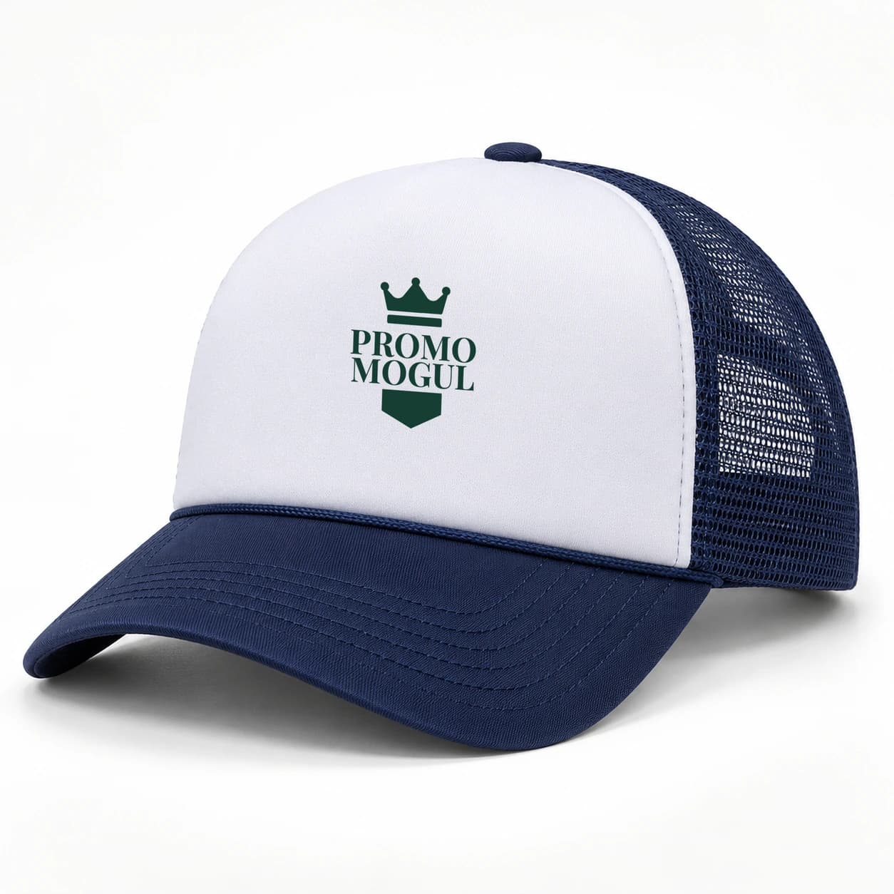 Foam front trucker hat with a white front, navy curved bill and mesh back, and a green PromoMogul sample badge