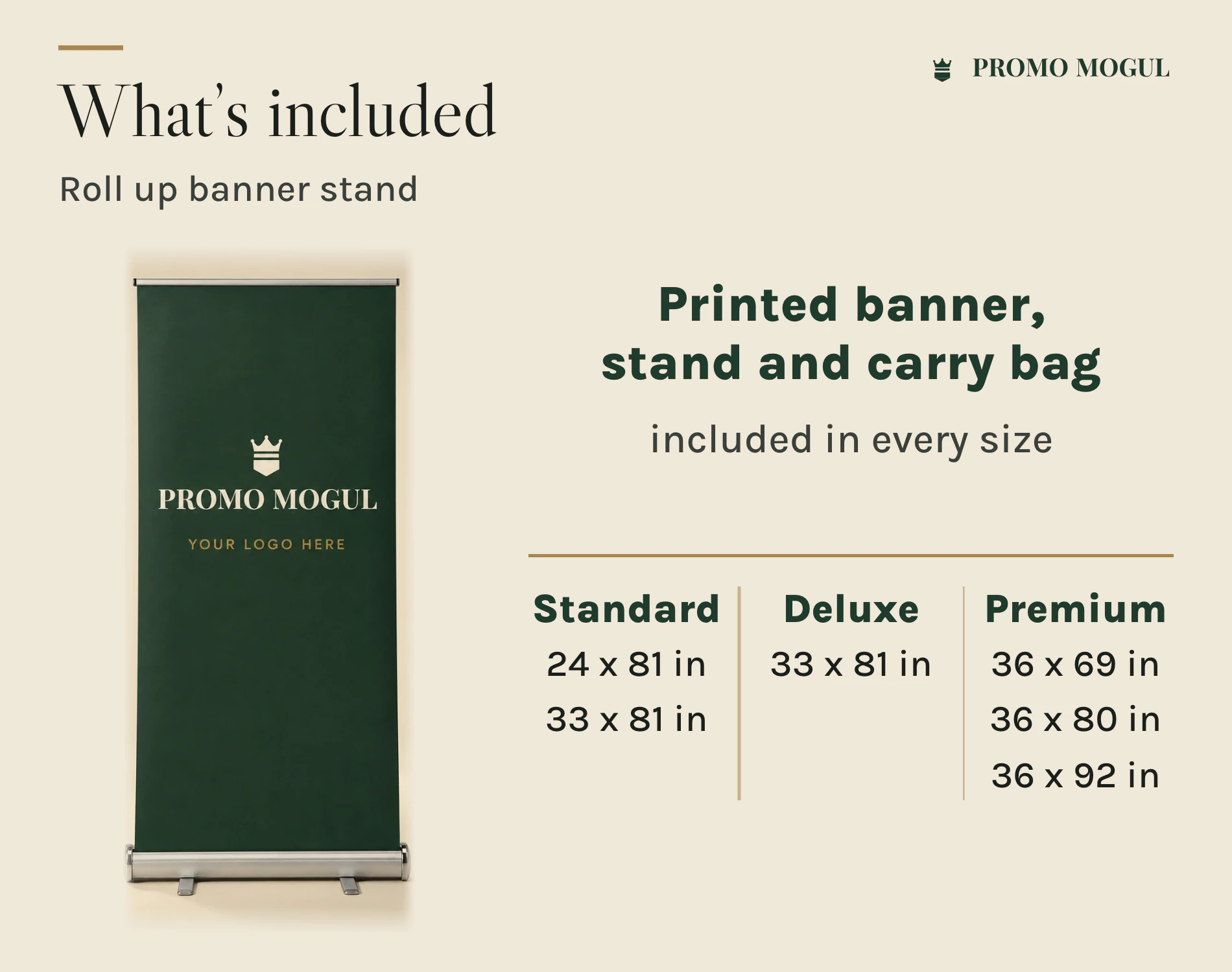 Roll up banner stand: printed banner, stand and carry bag included in every size