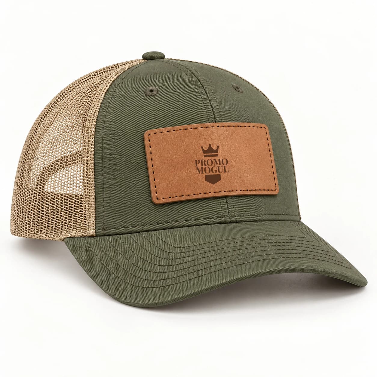 Custom Leather Patch Trucker Hats: Army olive green trucker hat with tan mesh, a tan rectangular stitched leather patch and dark brown PromoMogul sample badge