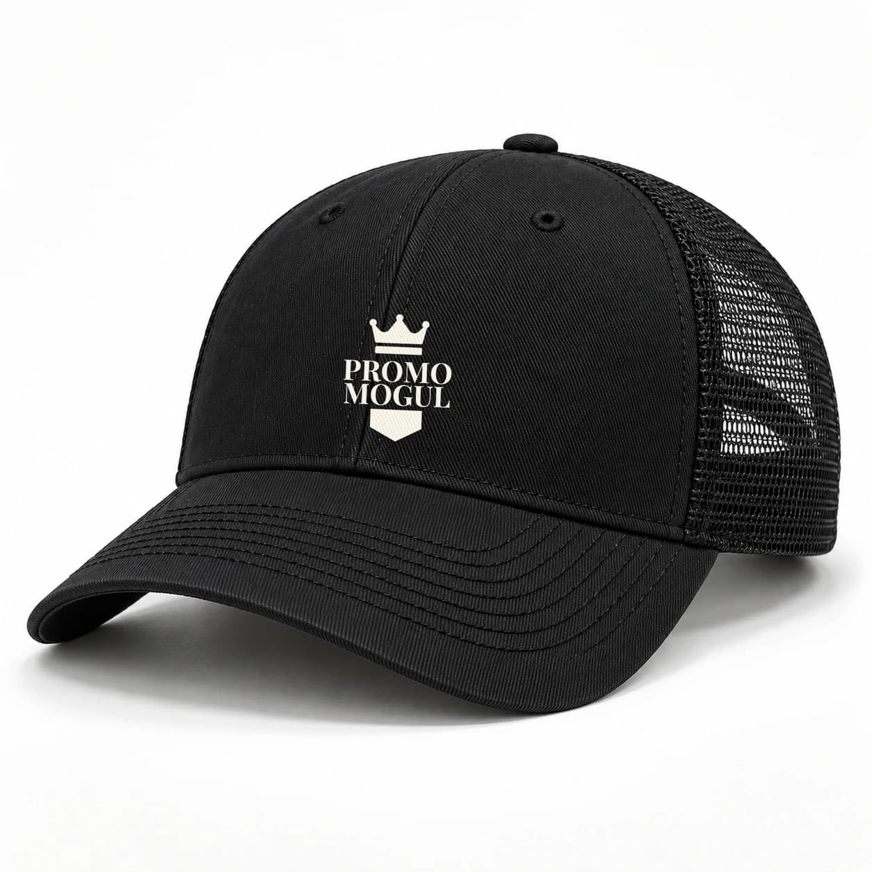 Black twill front trucker hat with a black curved bill and mesh back, and an ivory PromoMogul sample badge