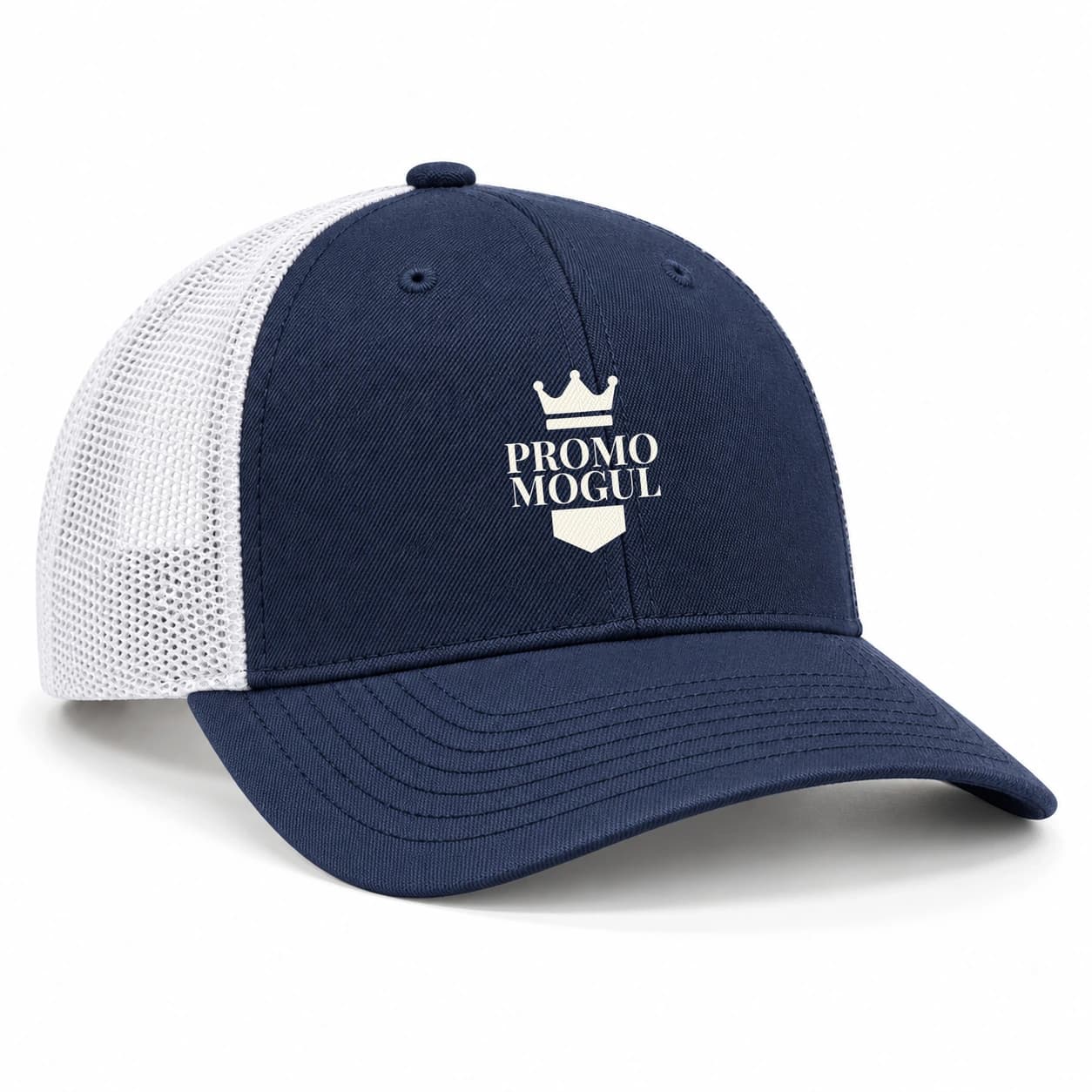 Custom Richardson Snapback Trucker Hats: Navy blue Richardson style trucker hat with a curved bill, white mesh back and an ivory PromoMogul sample badge