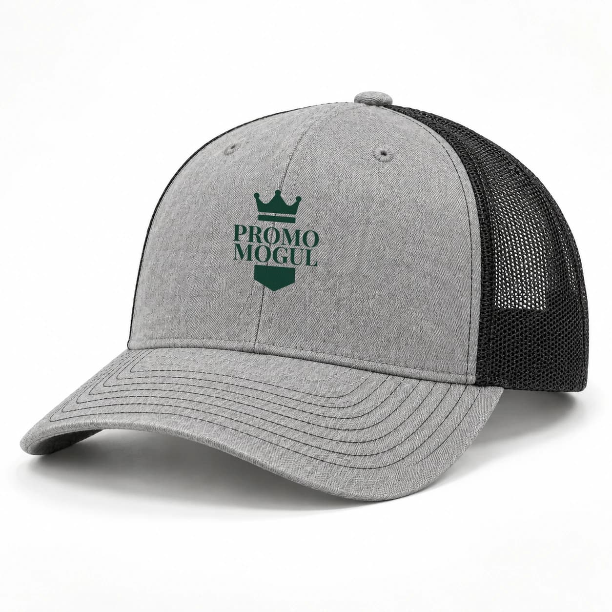 Heather grey Richardson style trucker hat with a curved bill, black mesh back and a green PromoMogul sample badge