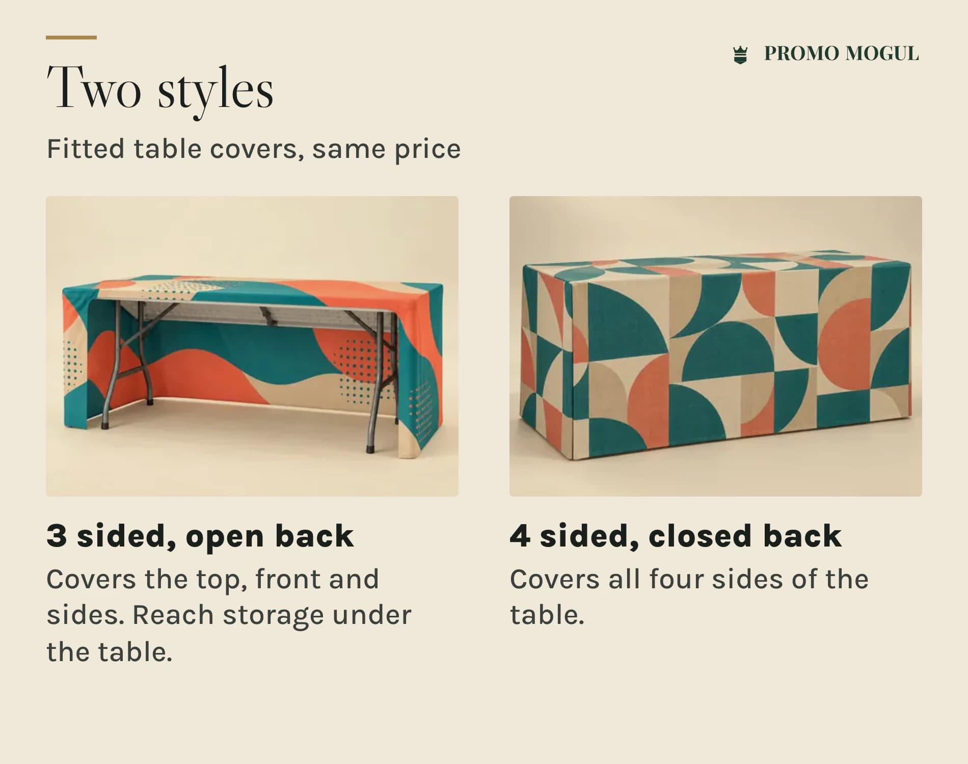 Fitted Table Covers: Fitted table cover styles: 3 sided open back and 4 sided closed back