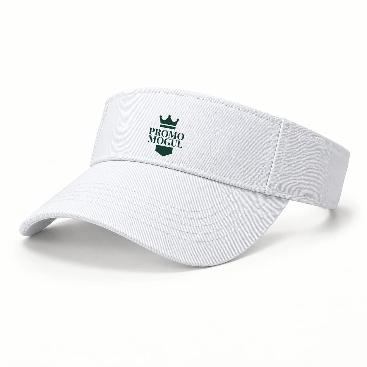 White open crown visor with a curved brim and a green PromoMogul sample badge on the front band