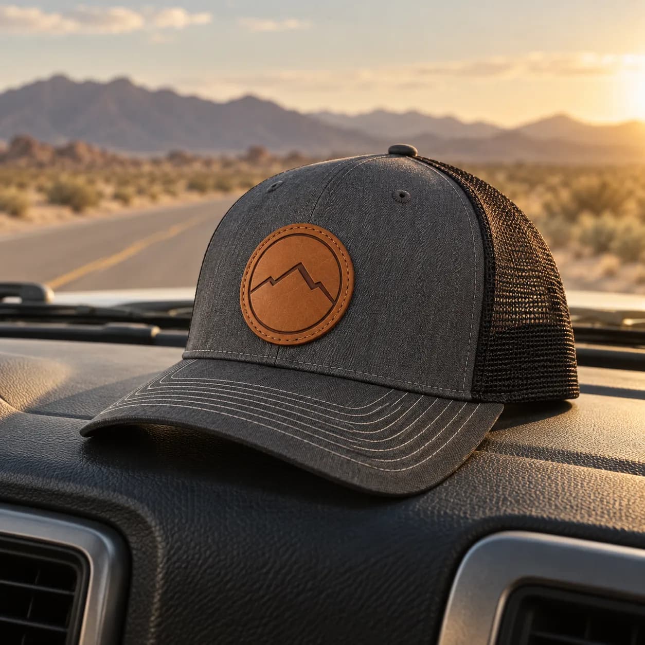 Custom Leather Patch Trucker Hats: Charcoal trucker hat with black mesh and a tan round leather patch bearing a mountain sample logo, on a truck dashboard