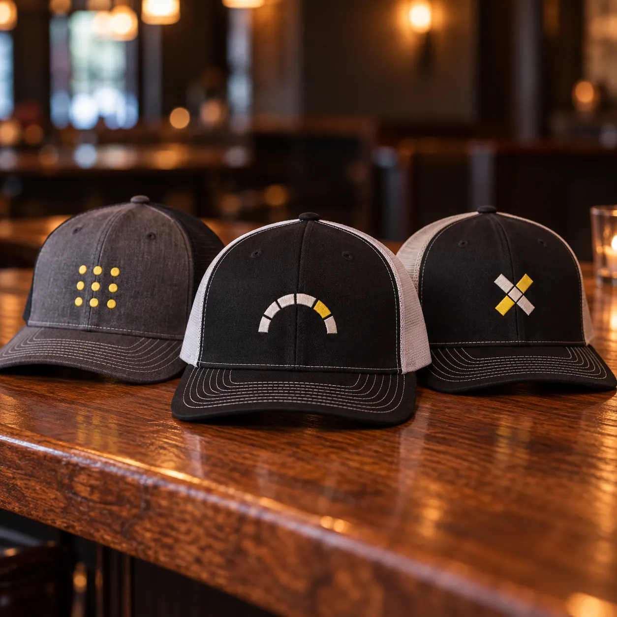 Custom Richardson Snapback Trucker Hats: Three charcoal and black trucker hats with yellow and white geometric sample logos on a wooden bar counter