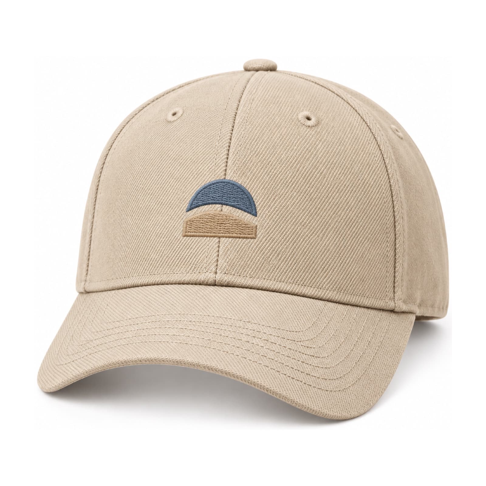 Custom 6-Panel Baseball Hats: Beige six panel baseball hat with a two tone sample logo embroidered on the front, on a white background