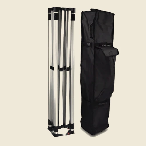 Pro Booth Kit, 10 x 10 Tent with Back Wall and 2 Flags: Silver aluminum pop up tent frame, folded, next to its carry bag
