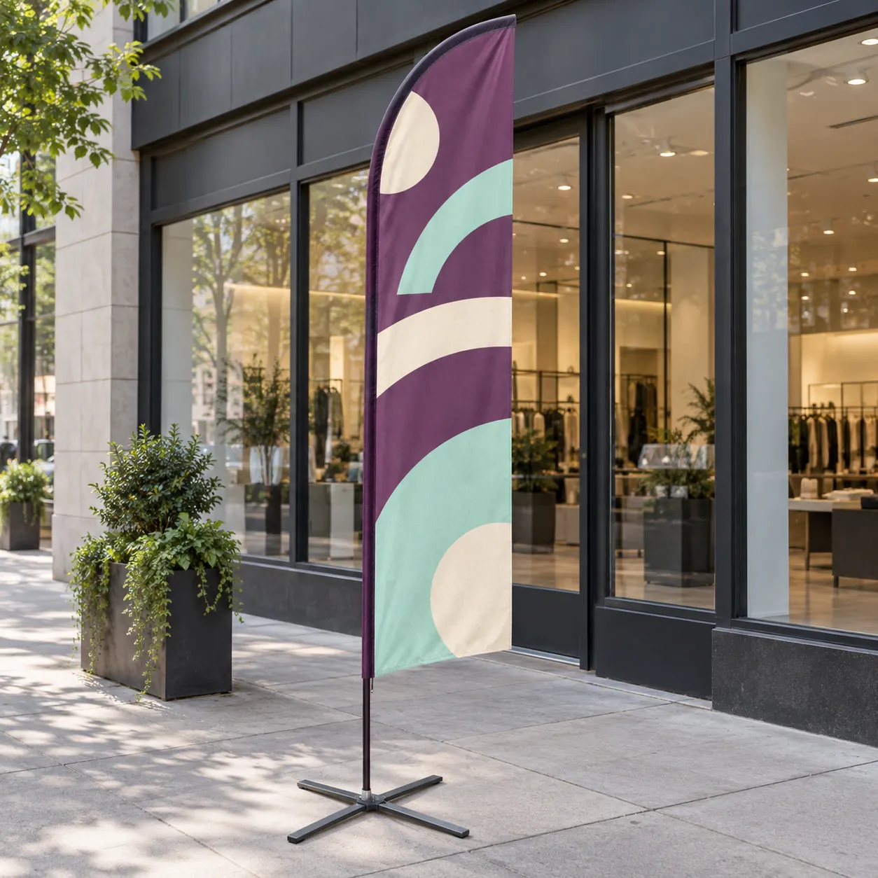 Blade Flags: A 16 ft blade flag on an X base outside a storefront