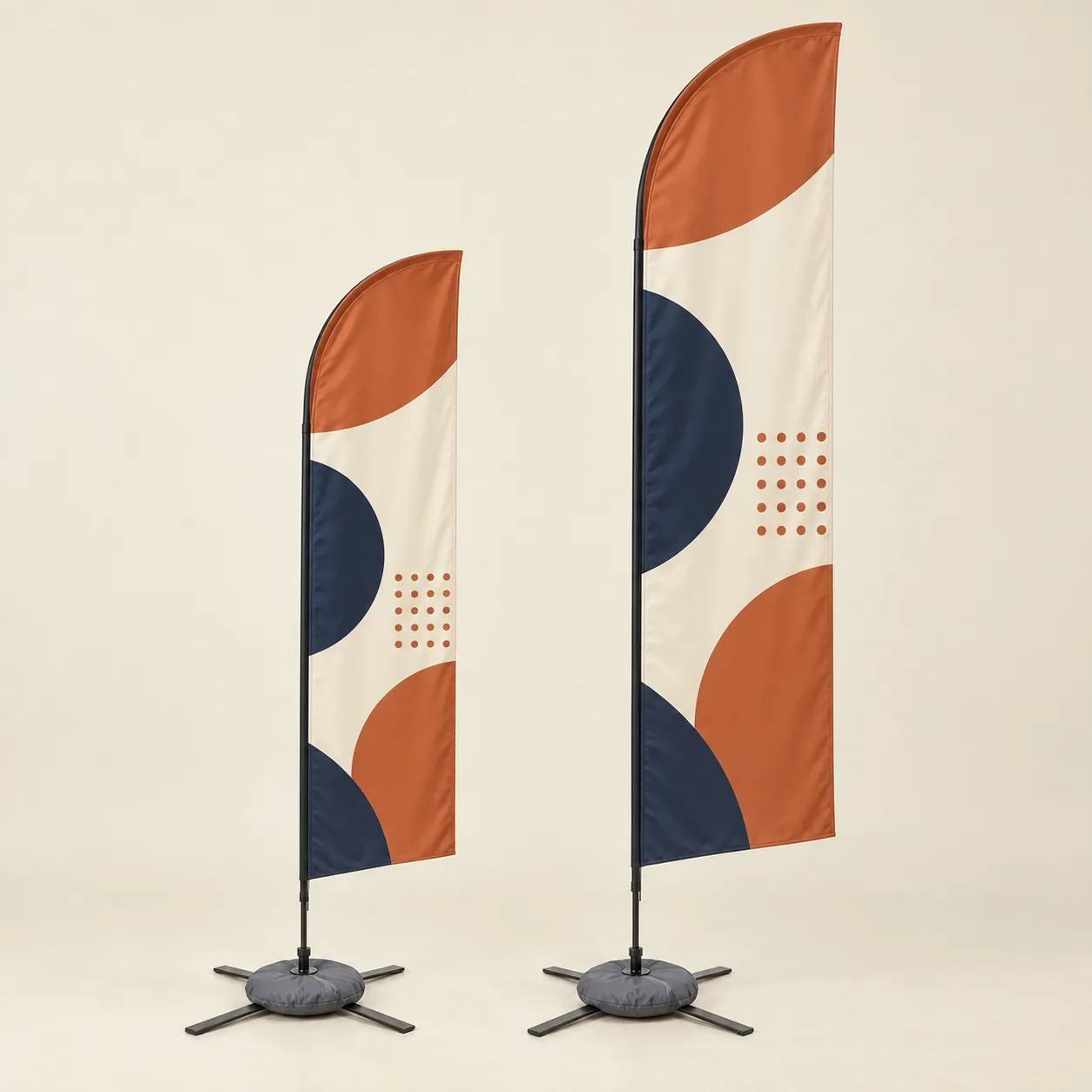 Blade Flags: 11 ft and 16 ft blade flags on X bases with water bags, printed with sample artwork