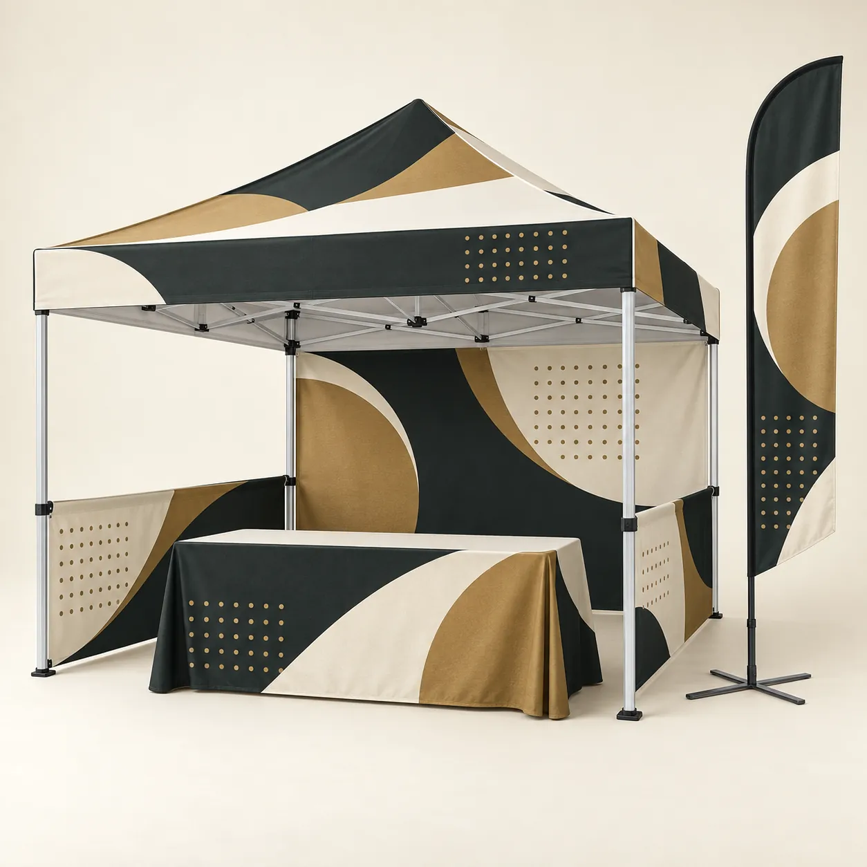 Trade Show Canopy Kit: Trade show canopy kit: a 10 x 10 tent with a back wall and two half walls, a blade flag and a table throw, printed with sample artwork