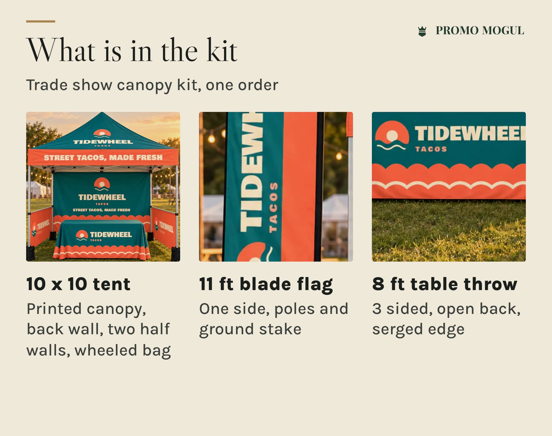 Trade Show Canopy Kit: What is in the trade show canopy kit: a 10 x 10 tent with back wall and two half walls, an 11 ft blade flag, and an 8 ft table throw