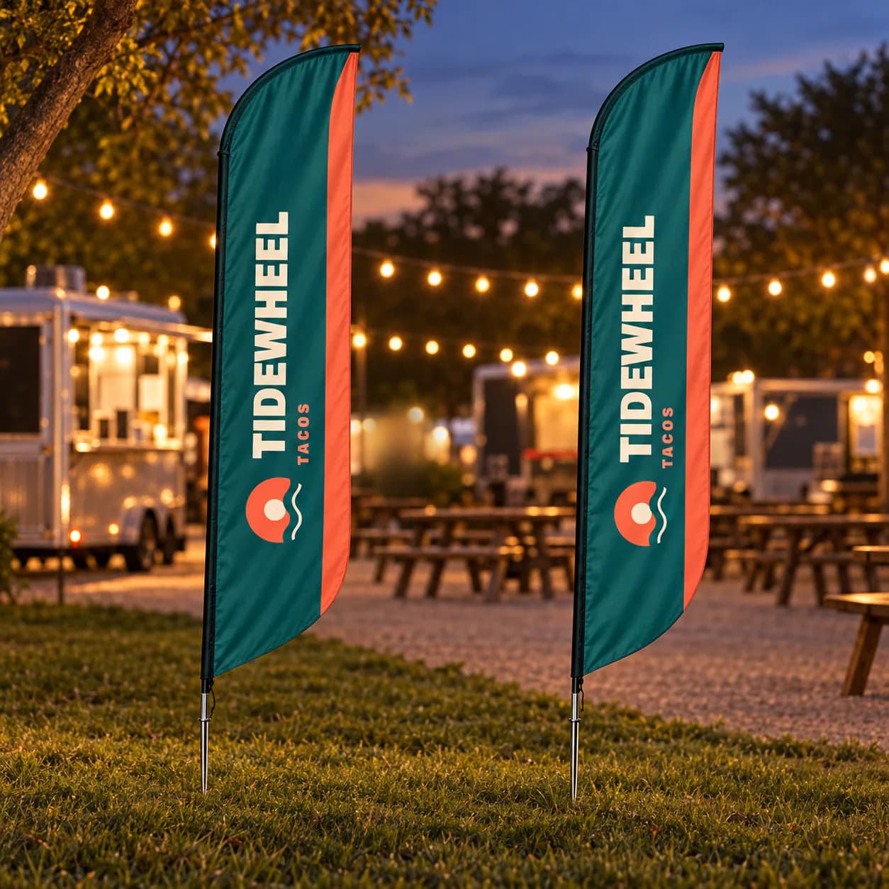 Pro Booth Kit, 10 x 10 Tent with Back Wall and 2 Flags: Two feather flags on ground stakes in the grass at an evening food truck park, printed with sample artwork for a fictional brand