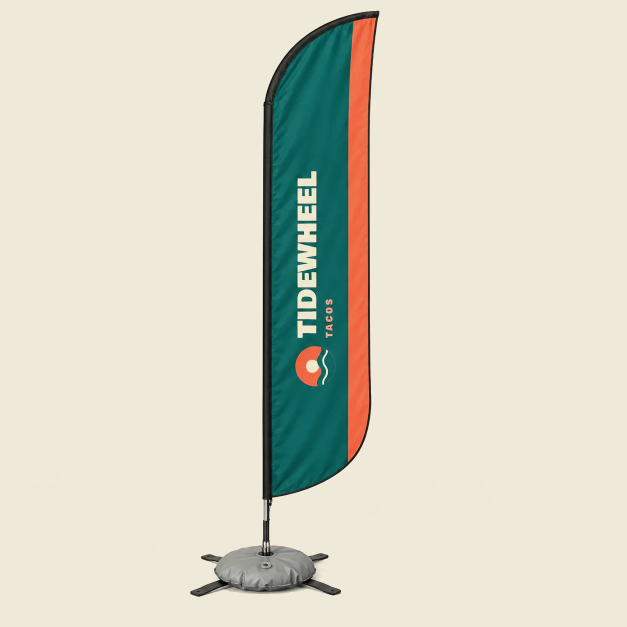 Step and Repeat Event Kit, 10 x 8 Backdrop with 2 Flags: Feather flag on the X base with water bag, printed with sample artwork for a fictional brand