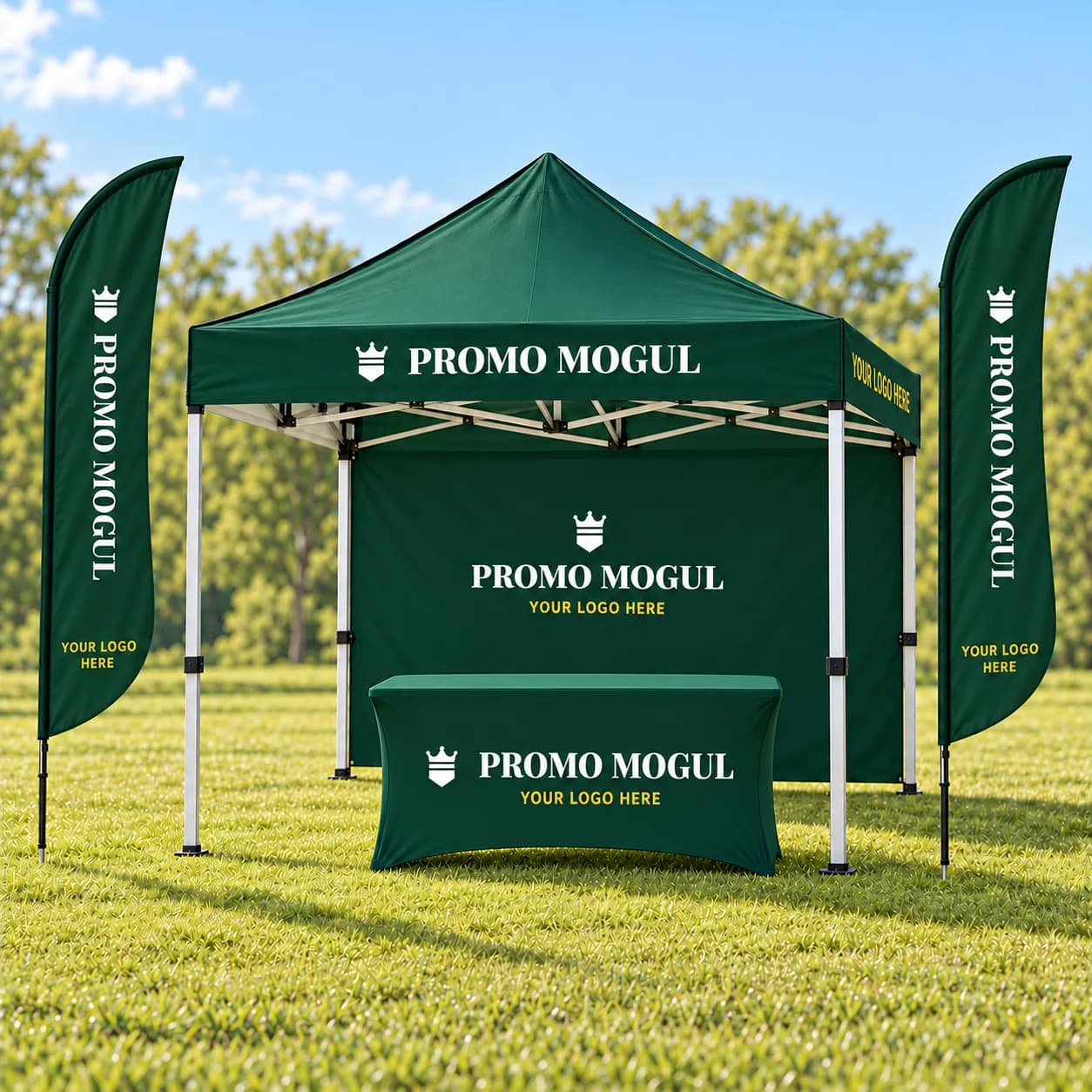 Pro Booth Kit printed with the PromoMogul logo, shown as a sample design: a 10 x 10 ft canopy tent with a full back wall, two 9 ft feather flags on ground stakes and a 6 ft stretch table cover, on grass