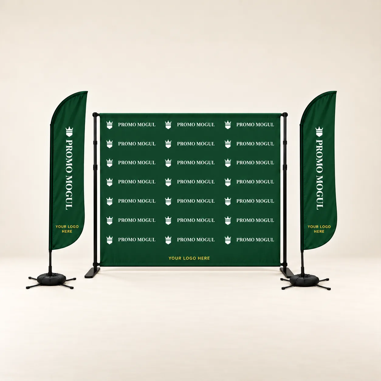Step and Repeat Event Kit, 10 x 8 Backdrop with 2 Flags: Step and Repeat Event Kit printed with the PromoMogul logo, shown as a sample design: a 10 x 8 ft step and repeat banner on its black adjustable stand between two 9 ft feather flags on X bases with water bags