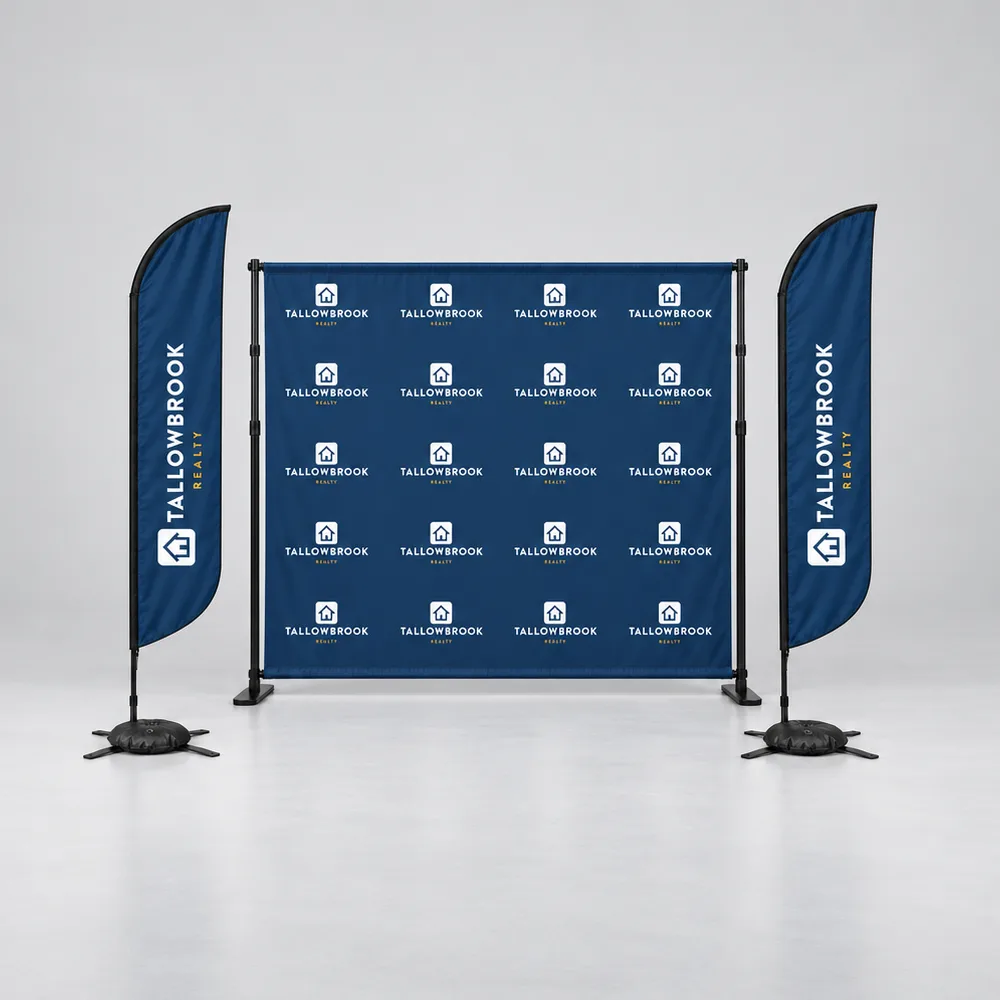 Step and Repeat Event Kit, 10 x 8 Backdrop with 2 Flags: Step and Repeat Event Kit: a 10 x 8 ft step and repeat banner on its black adjustable stand between two 9 ft feather flags on X bases with water bags, printed with sample artwork for a fictional brand
