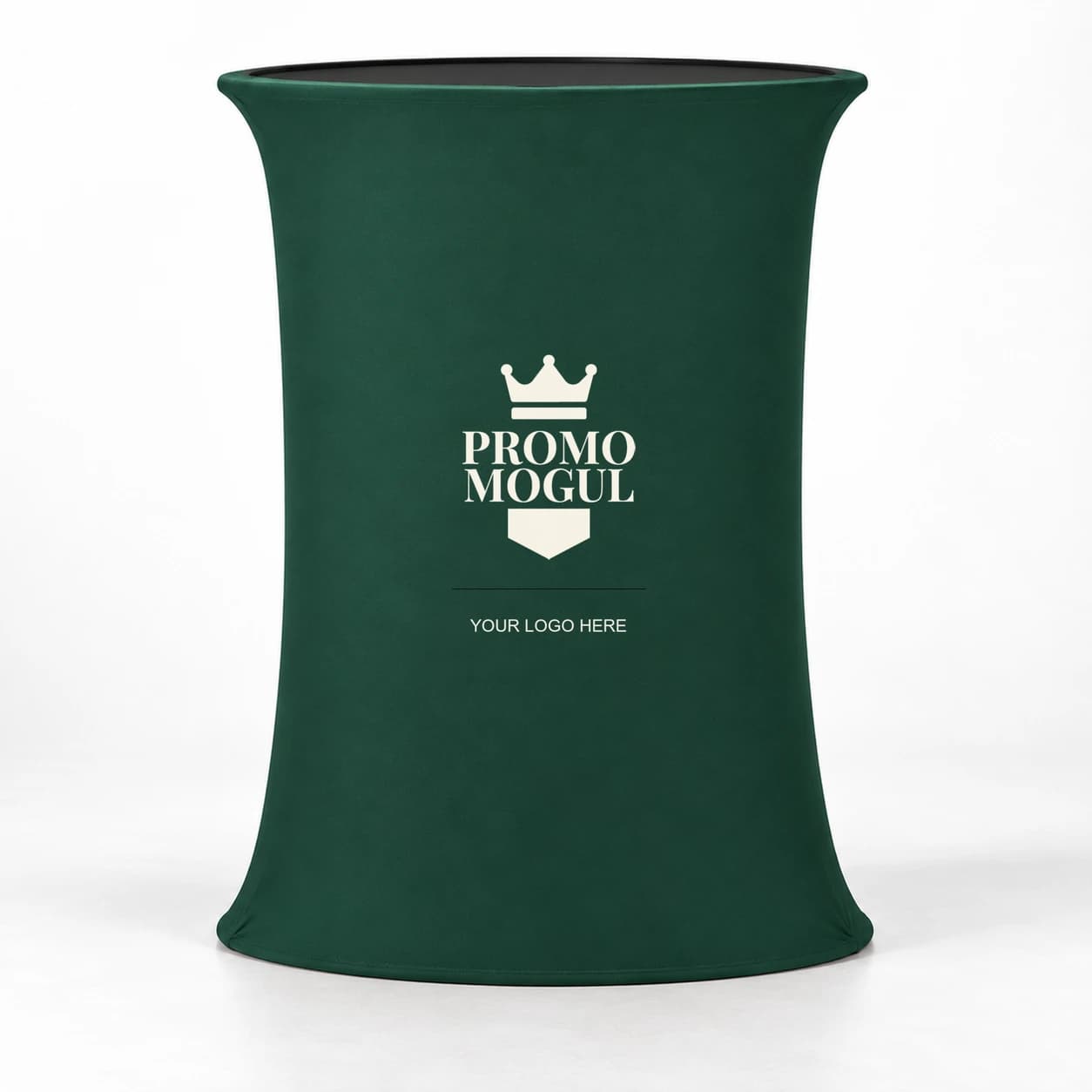 Waisted oval collapsible counter with a Mogul green wrap, black oval top, ivory PromoMogul sample badge and YOUR LOGO HERE lettering