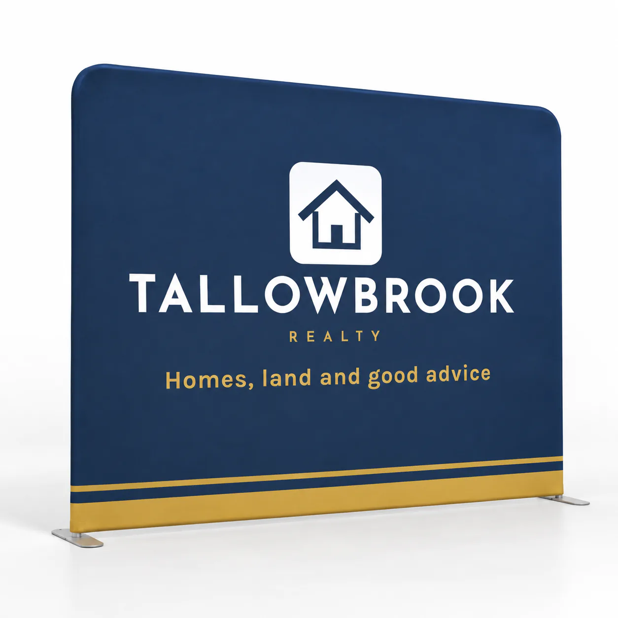 10 ft straight pillowcase backdrop with rounded top corners and slim feet, printed with sample artwork for a fictional brand