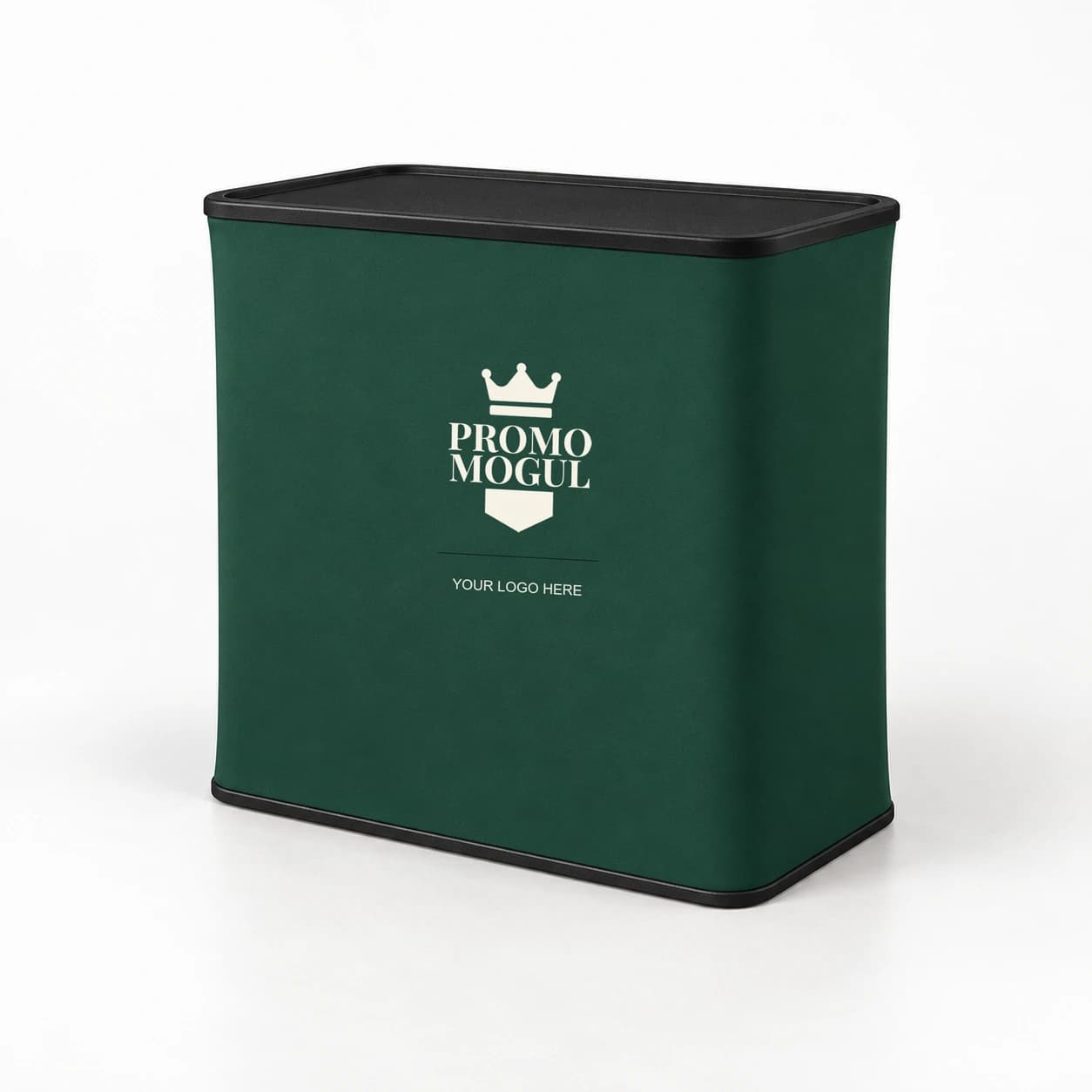Podium with a Mogul green fabric cover, black hard case tray top and base, ivory PromoMogul sample badge and YOUR LOGO HERE lettering