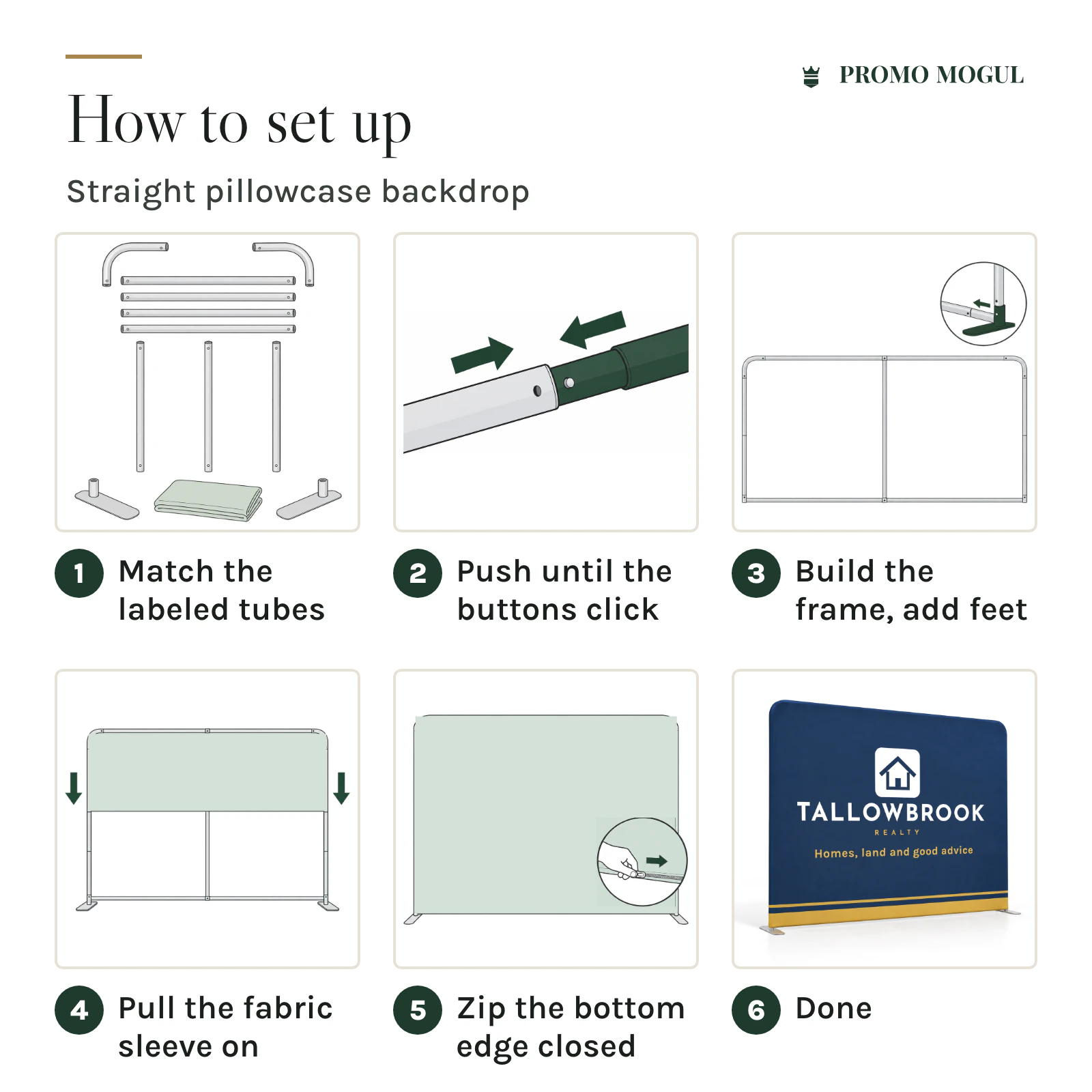 How to set up the backdrop in six steps: match the labeled tubes, push until the buttons click, build the frame and add feet, pull the fabric on, zip the bottom edge closed, done
