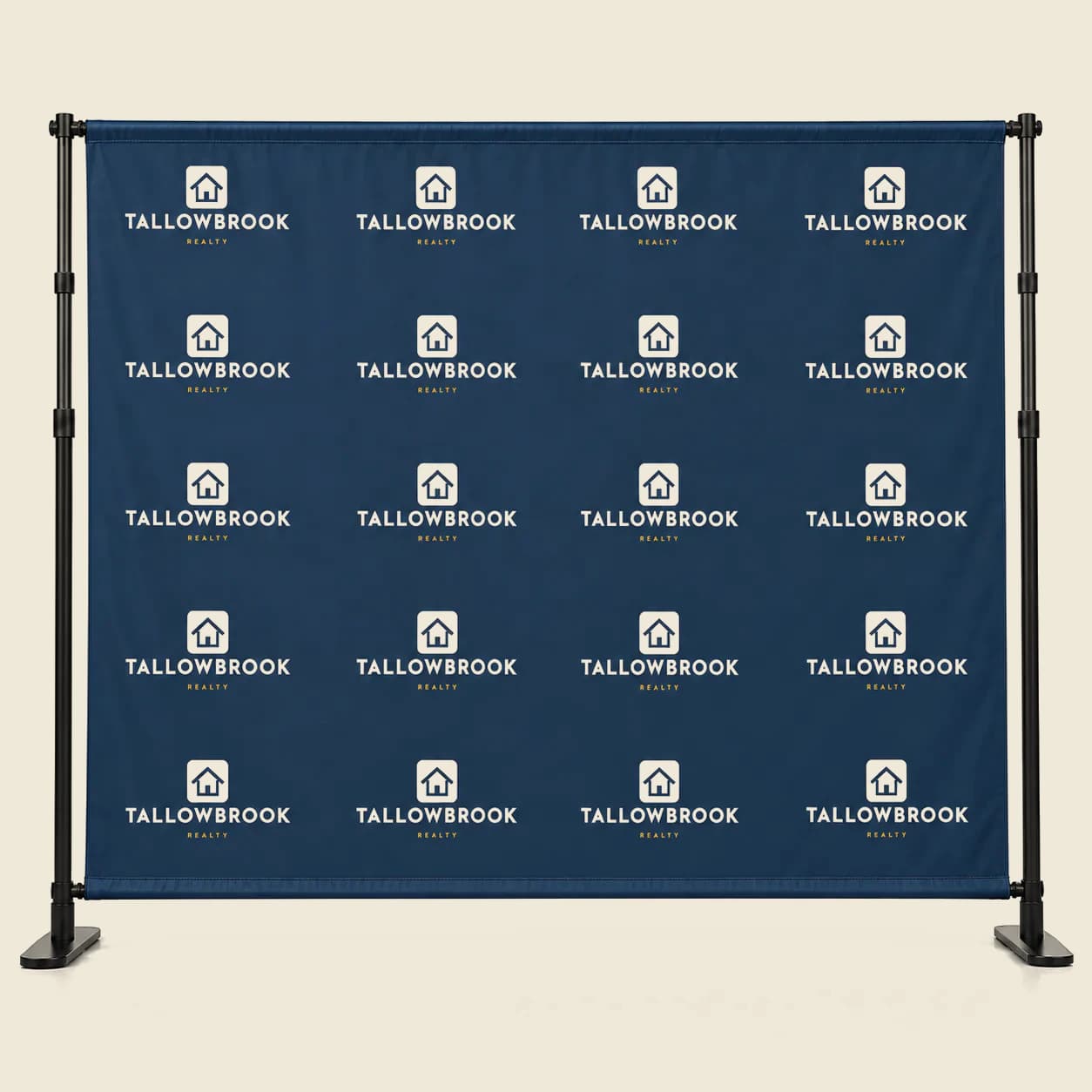 Step and Repeat Event Kit, 10 x 8 Backdrop with 2 Flags: 10 x 8 ft step and repeat banner on the black adjustable stand, printed with a repeating logo pattern (sample artwork for a fictional brand)