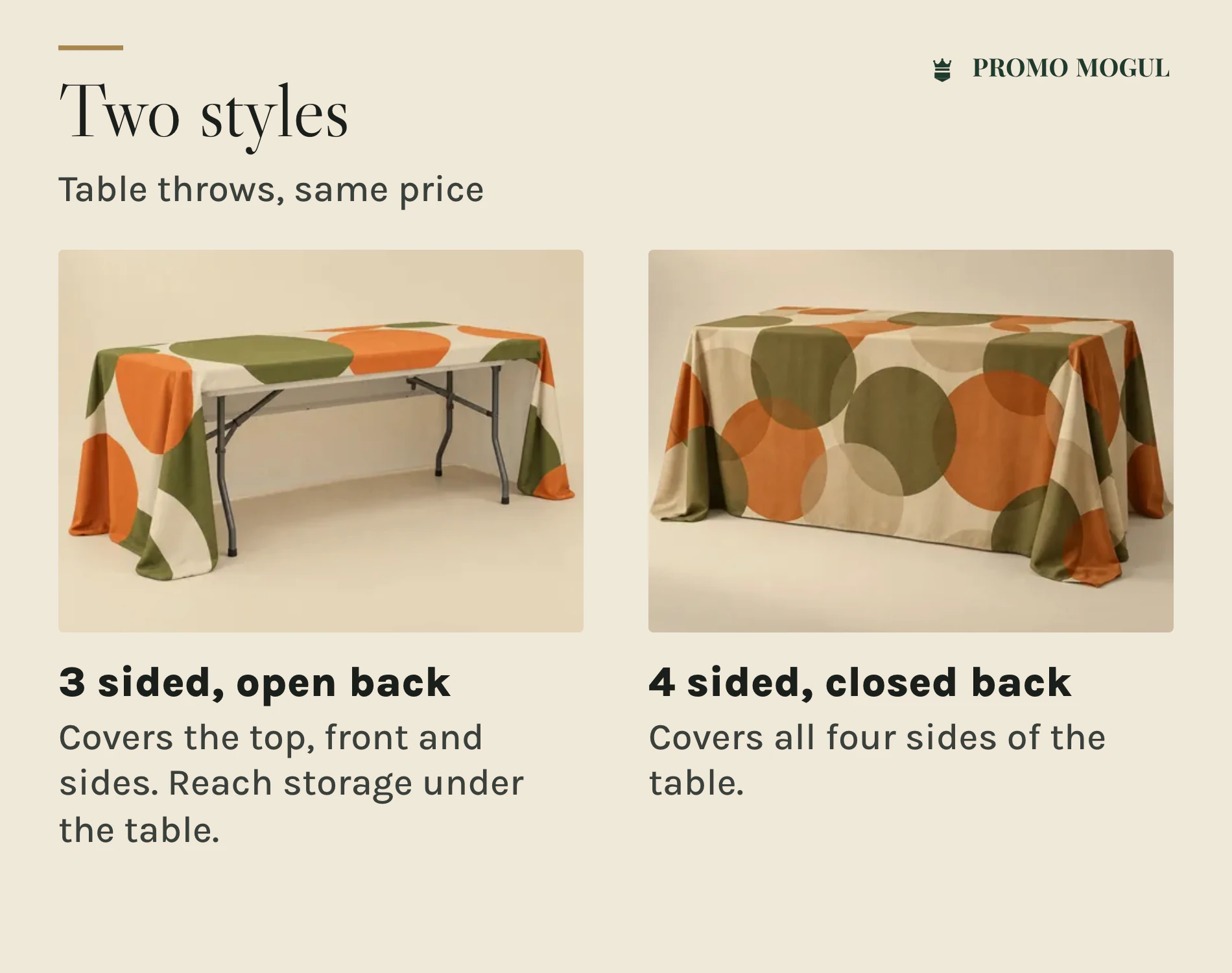 Premium Full-Color Table Covers & Throws: Table throw styles: 3 sided open back and 4 sided closed back