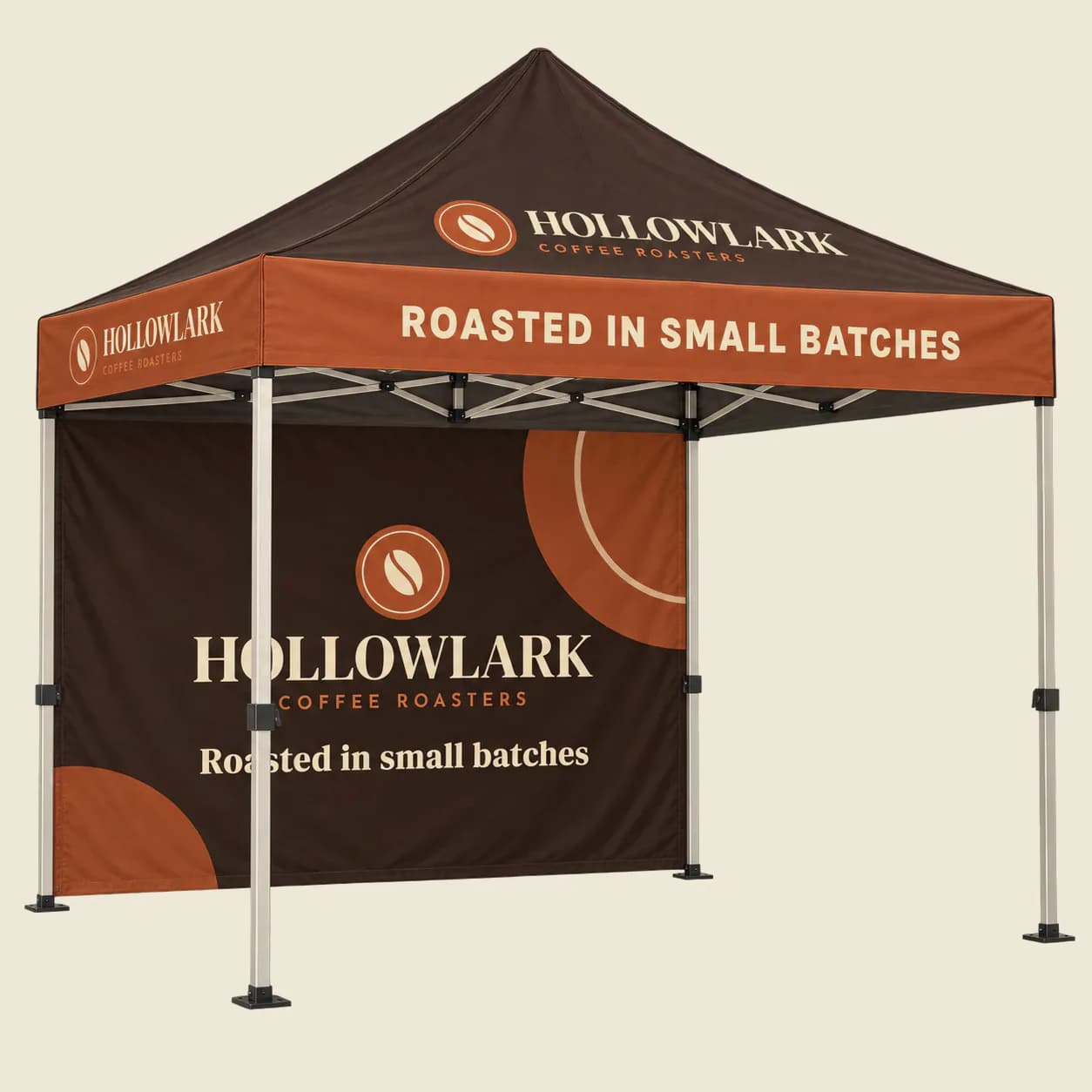 Pro Booth Kit, 10 x 10 Tent with Back Wall and 2 Flags: 10 x 10 ft canopy tent with a printed canopy, valances and full back wall, printed with sample artwork for a fictional brand